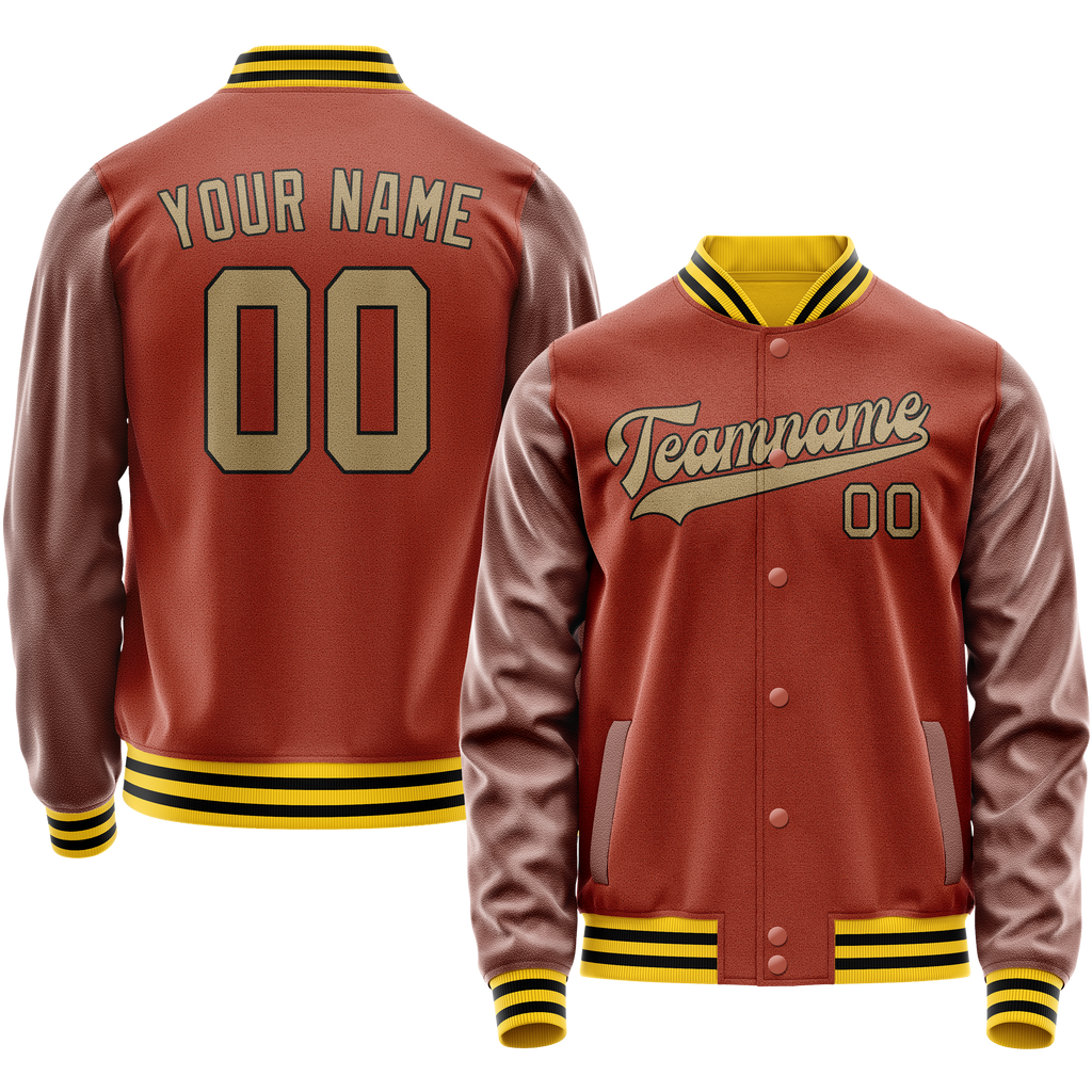 Personalized Coral & Red Old-Gold Solid Color Varsity Letterman Jacket