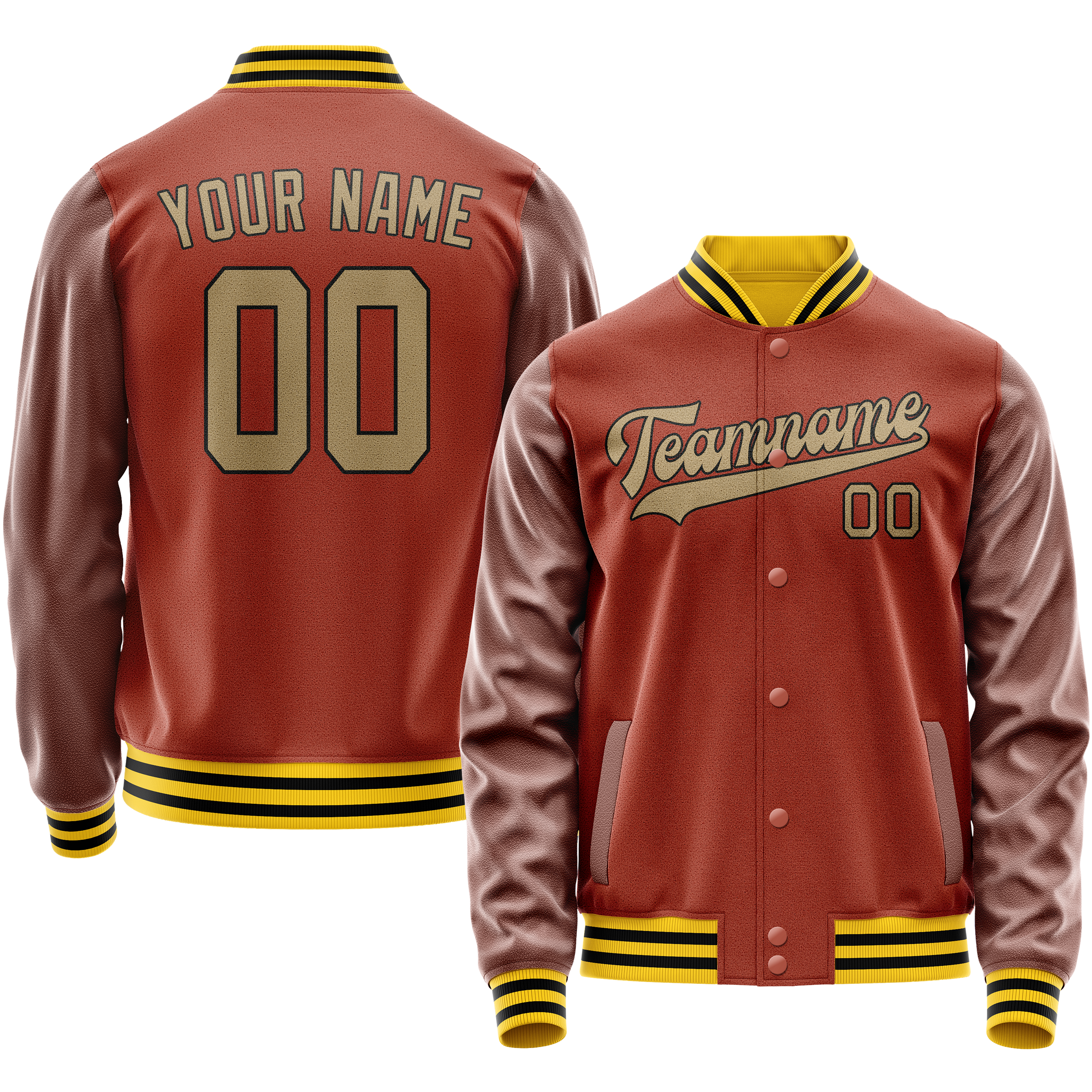Personalized Coral & Red Old-Gold Solid Color Varsity Letterman Jacket