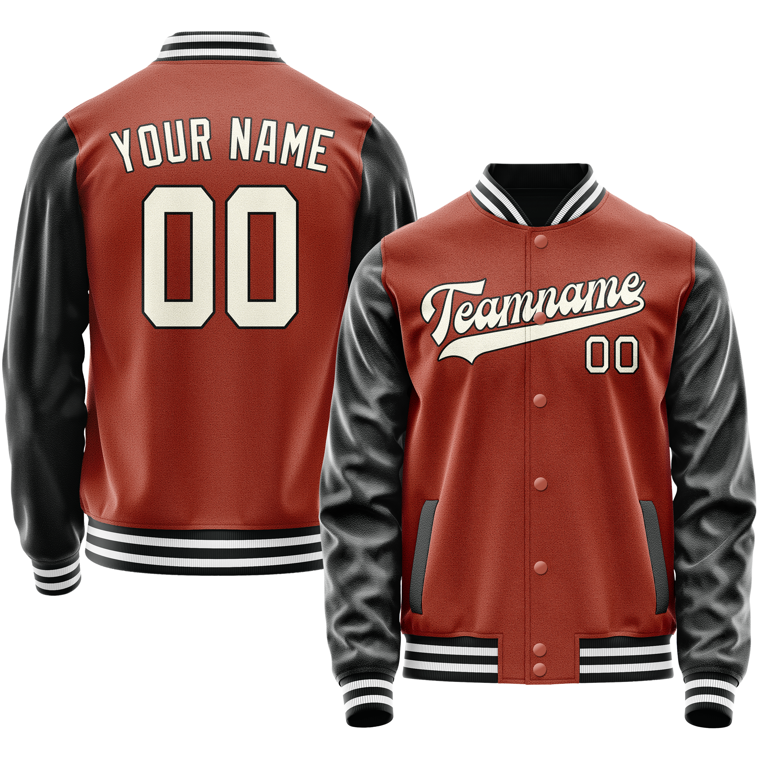 Personalized Coral & Red Black Solid Color Varsity Letterman Jacket