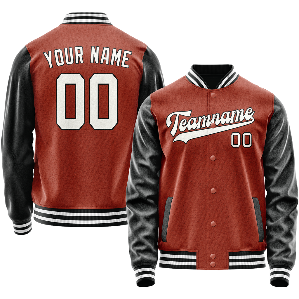 Personalized Coral & Red Black Solid Color Varsity Letterman Jacket