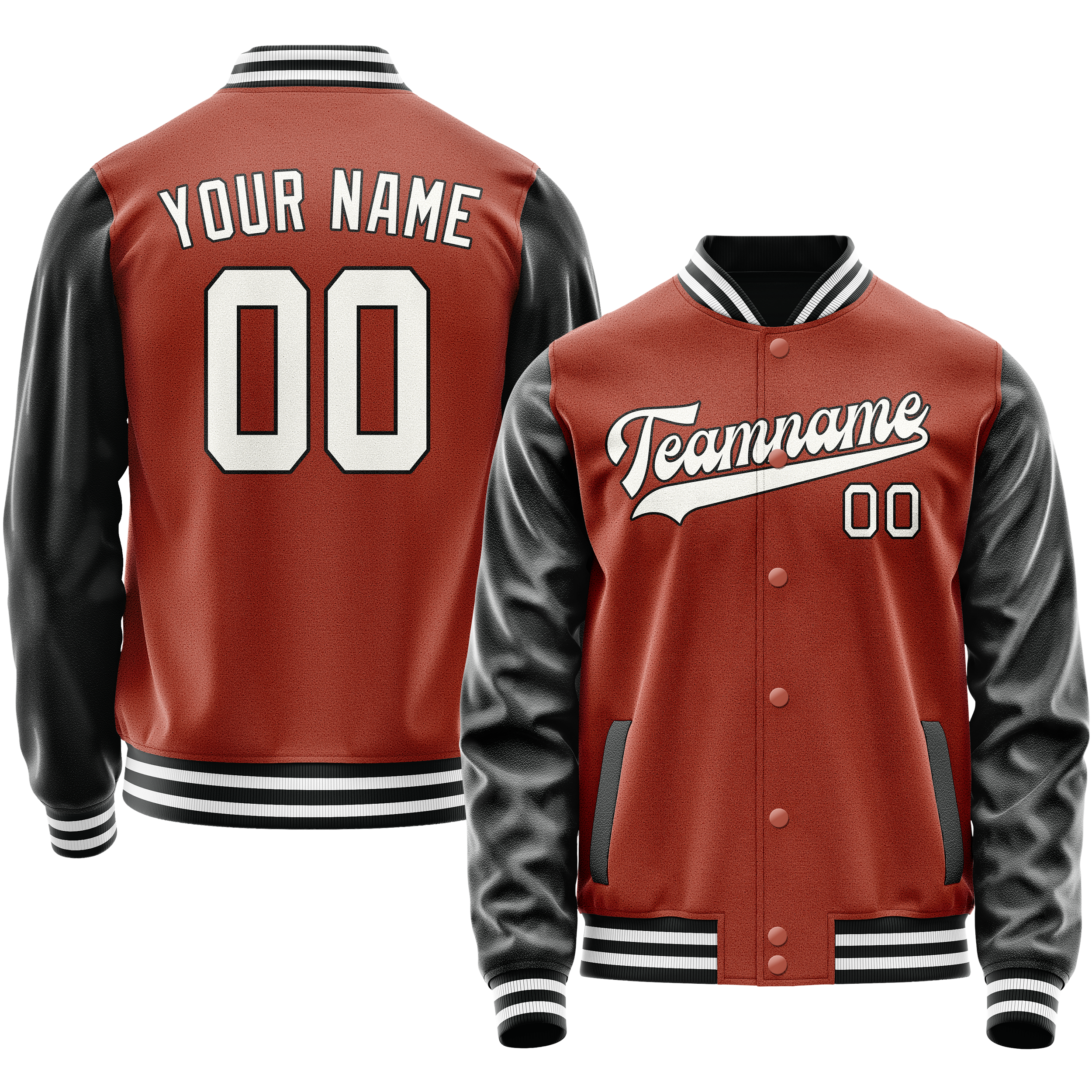 Personalized Coral & Red Black Solid Color Varsity Letterman Jacket