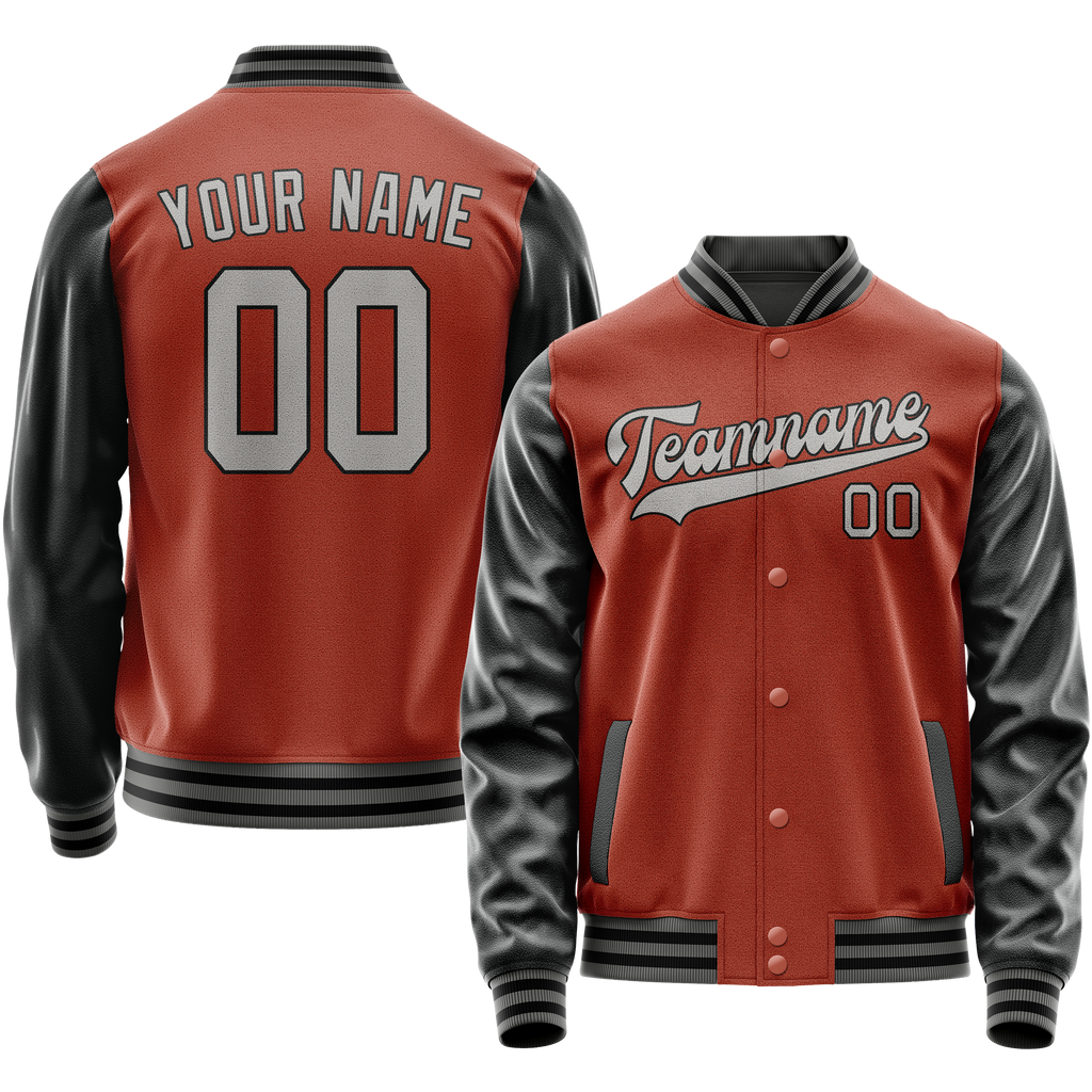 Personalized Coral & Red Black Solid Color Varsity Letterman Jacket
