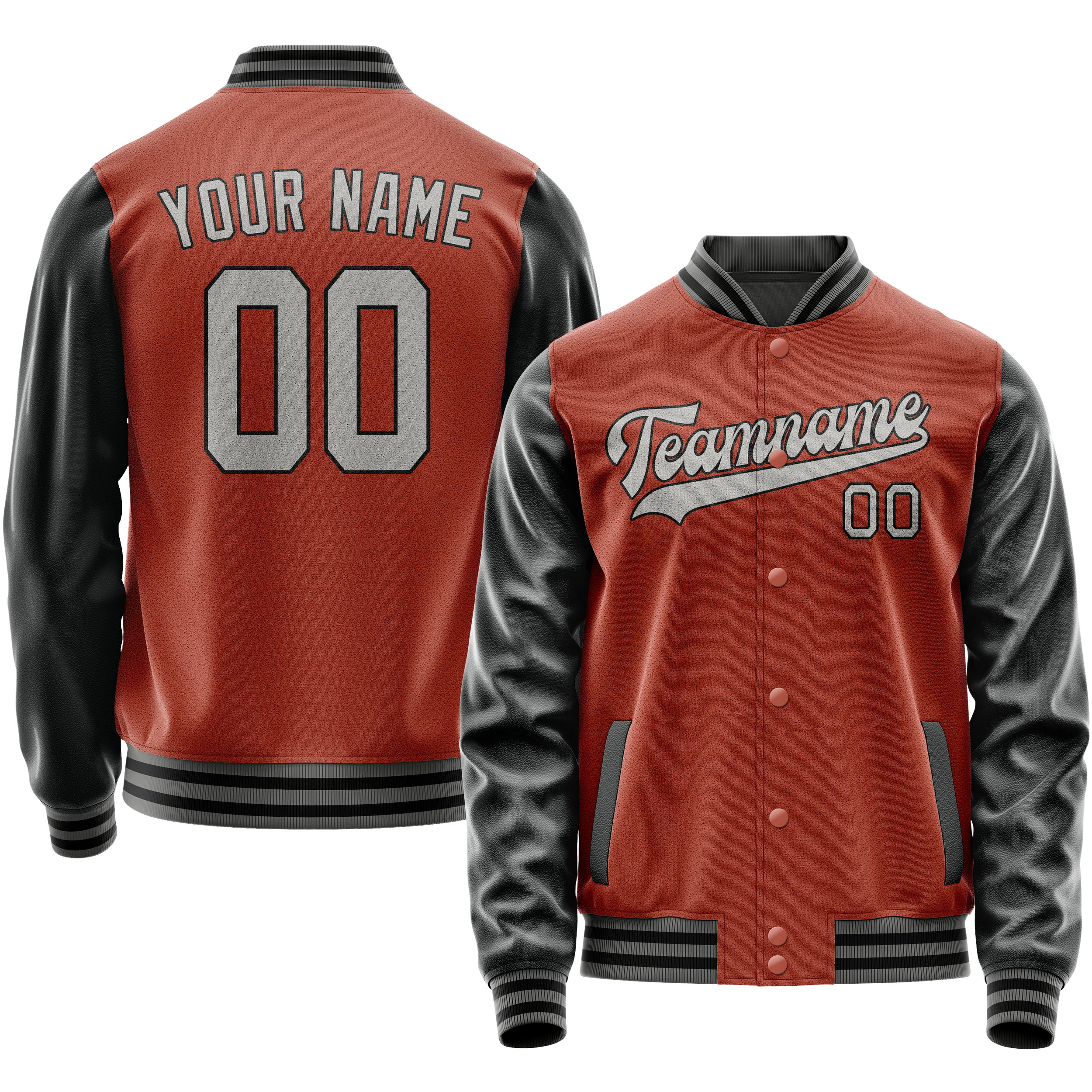 Personalized Coral & Red Black Solid Color Varsity Letterman Jacket