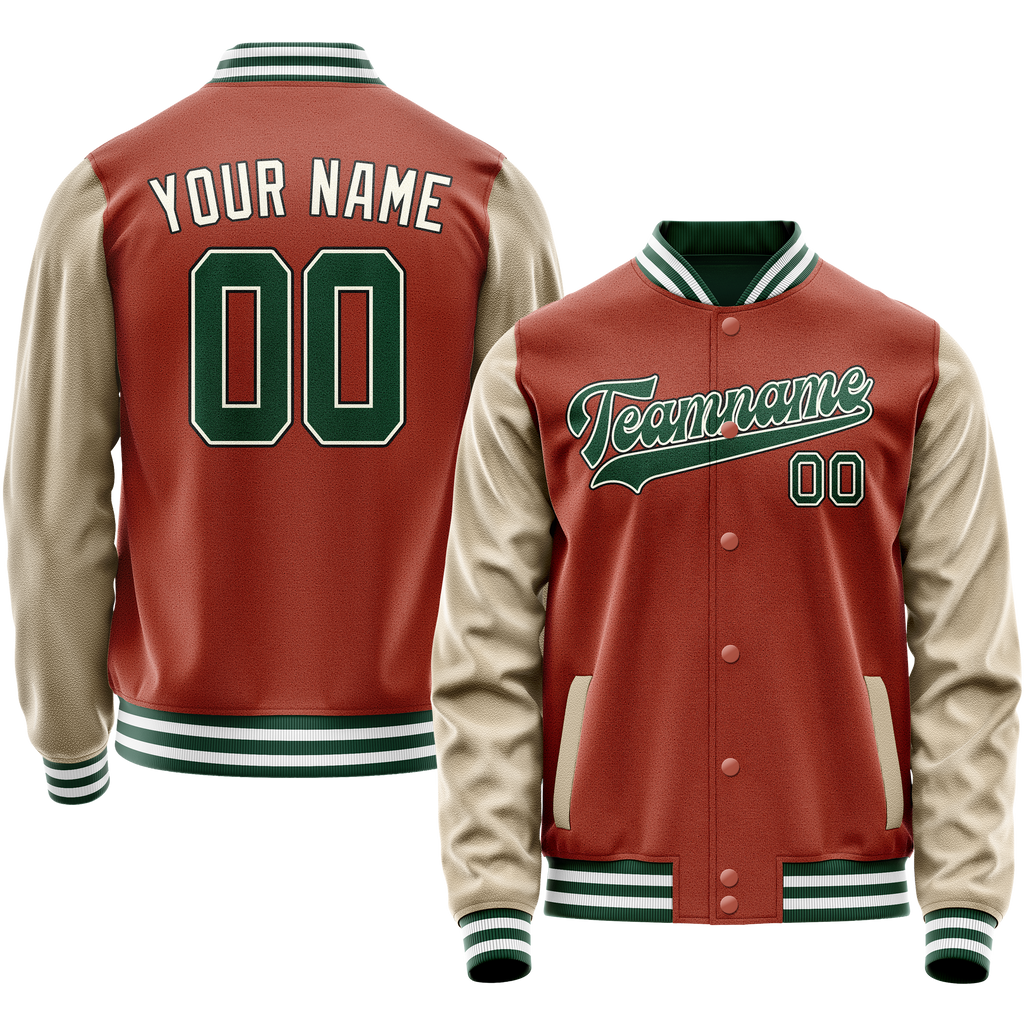 Personalized Coral & Red Cream Solid Color Varsity Letterman Jacket