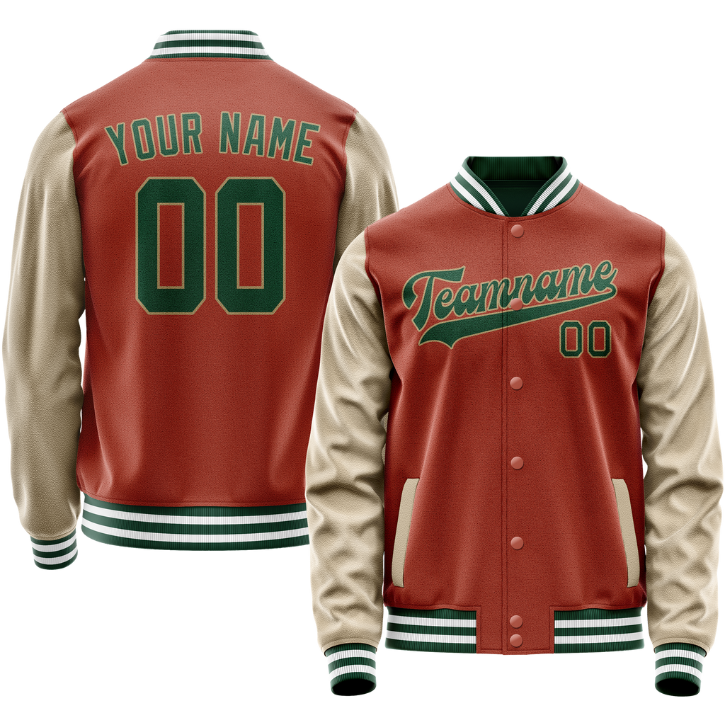 Personalized Coral & Red Cream Solid Color Varsity Letterman Jacket