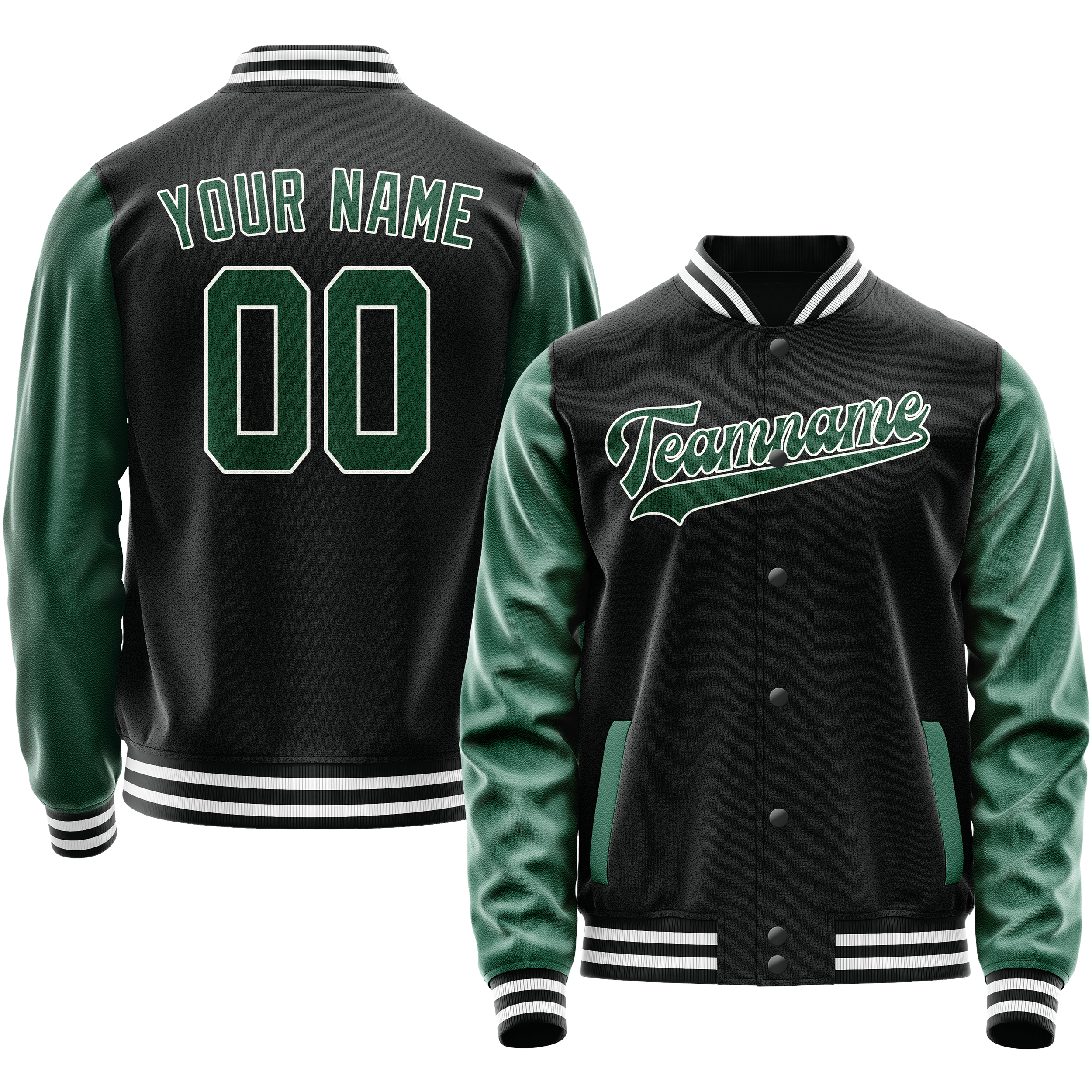 Personalized Black & Green Solid Color Varsity Letterman Jacket