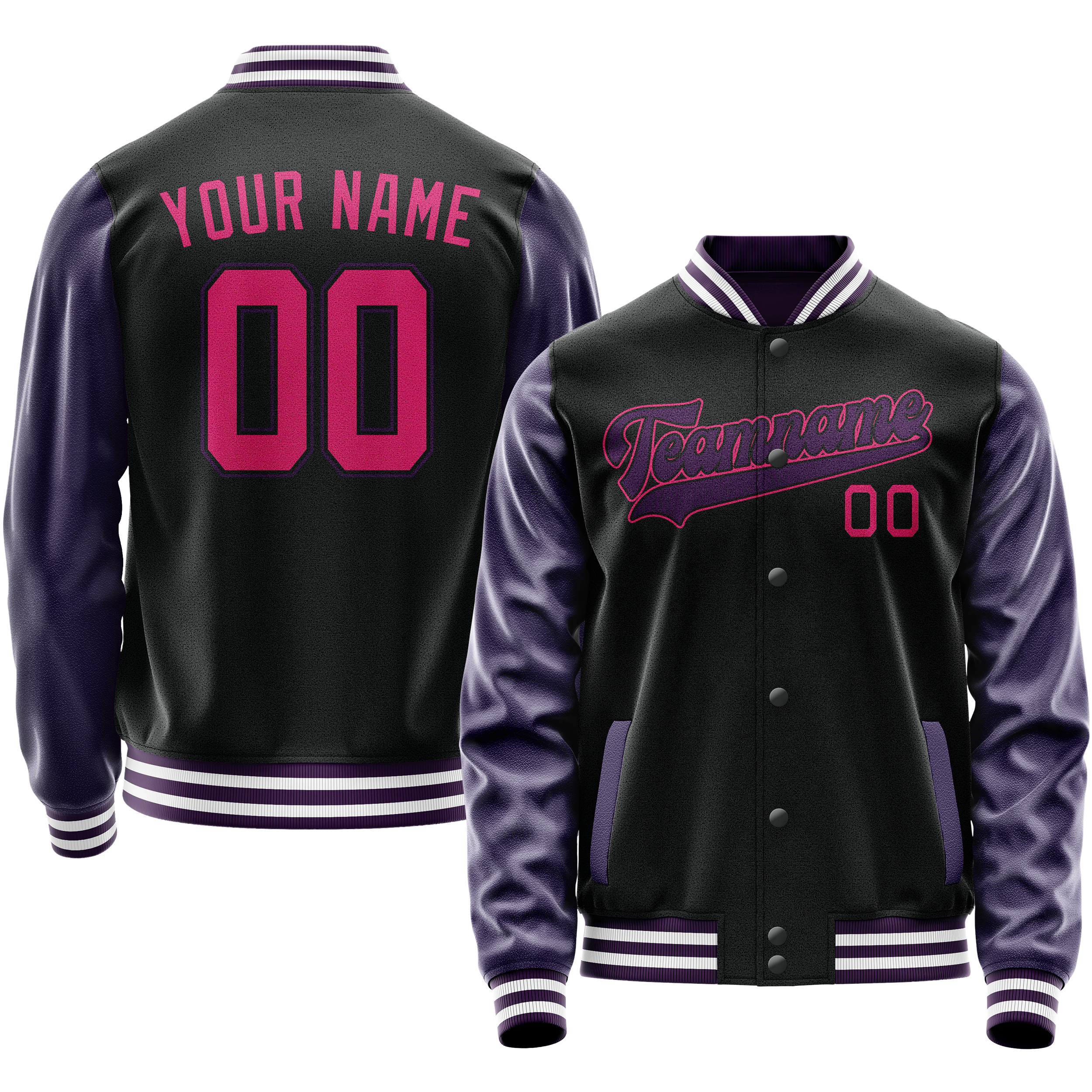 Personalized Black & Purple Solid Color Varsity Letterman Jacket
