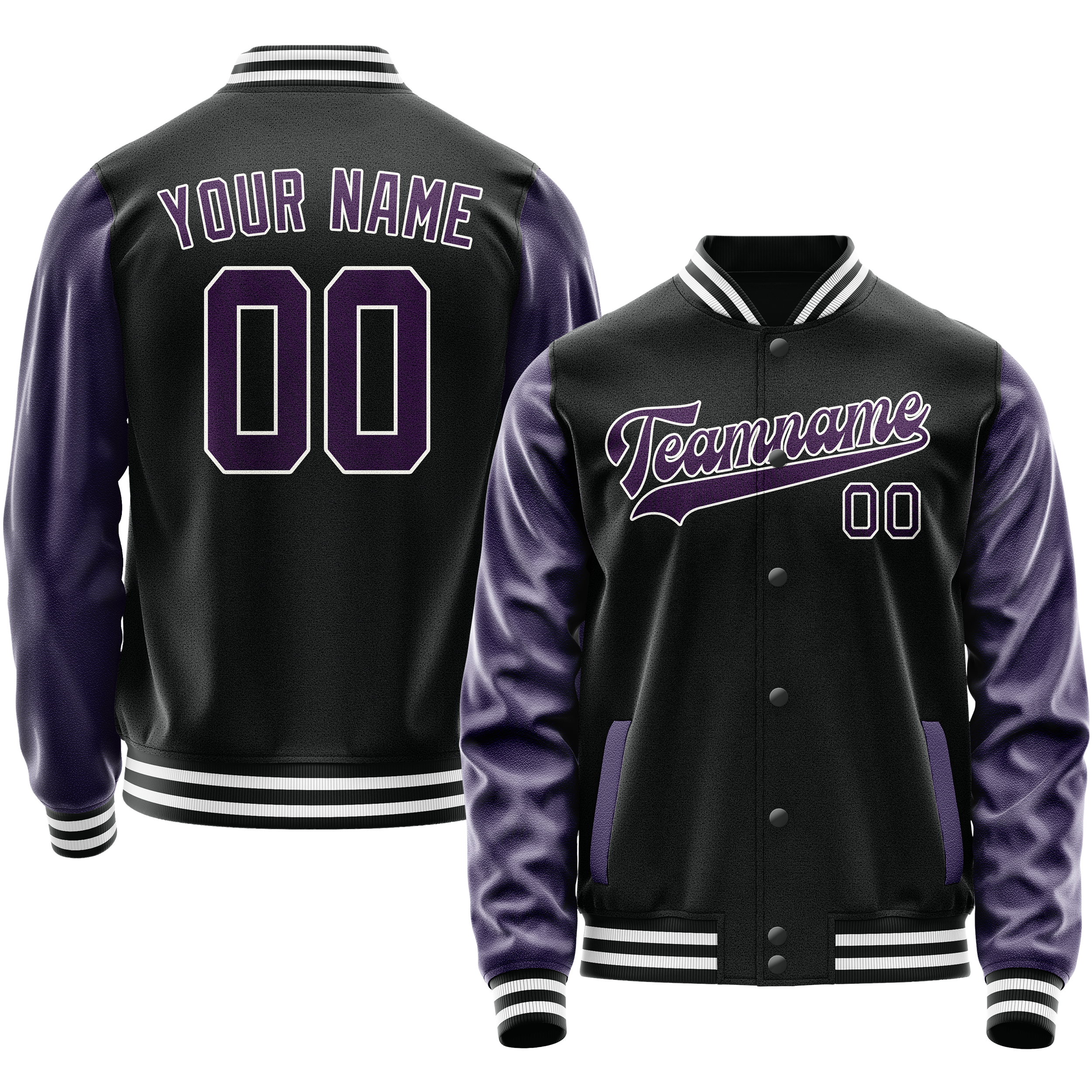 Personalized Black & Purple Solid Color Varsity Letterman Jacket