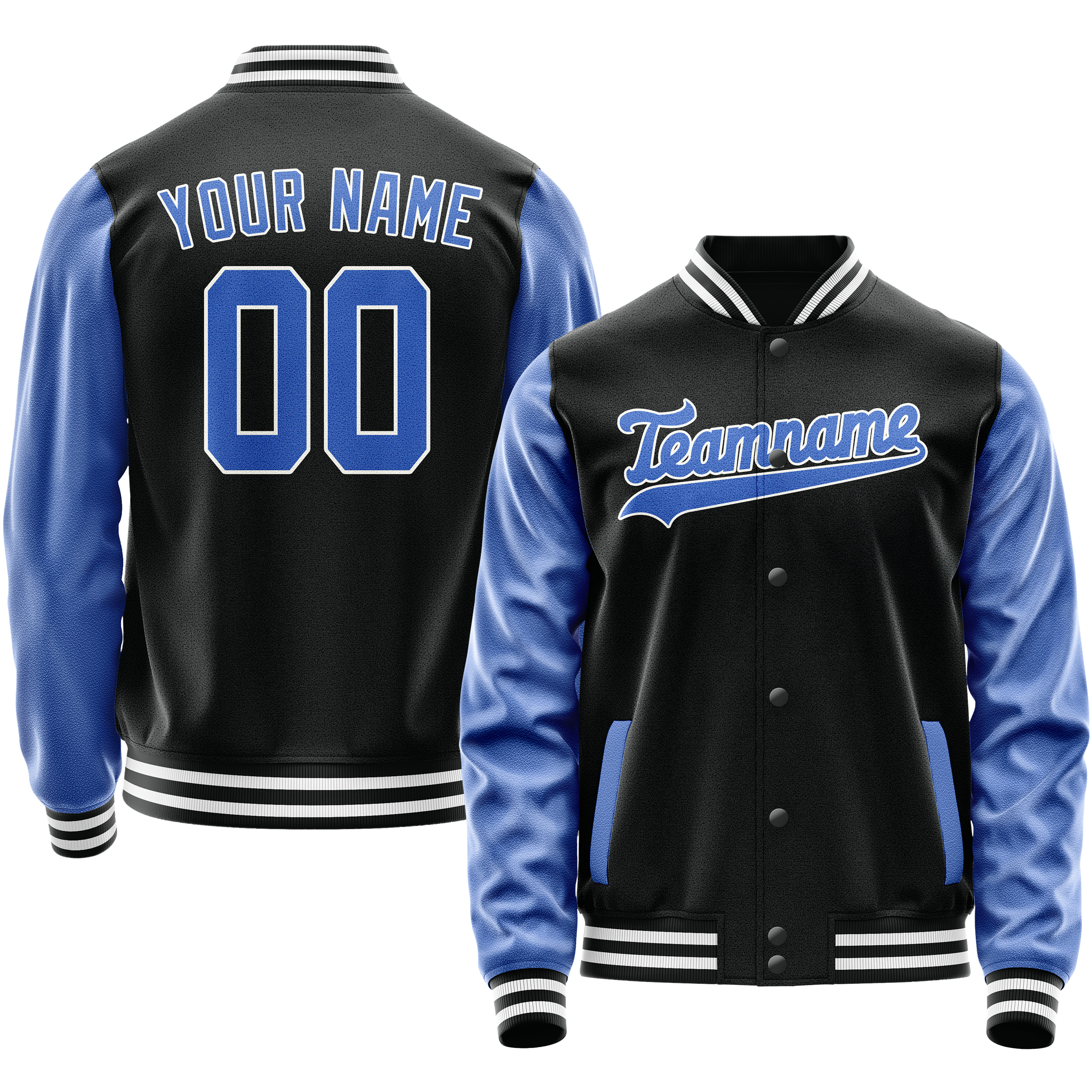 Personalized Black & Light-Blue Solid Color Varsity Letterman Jacket