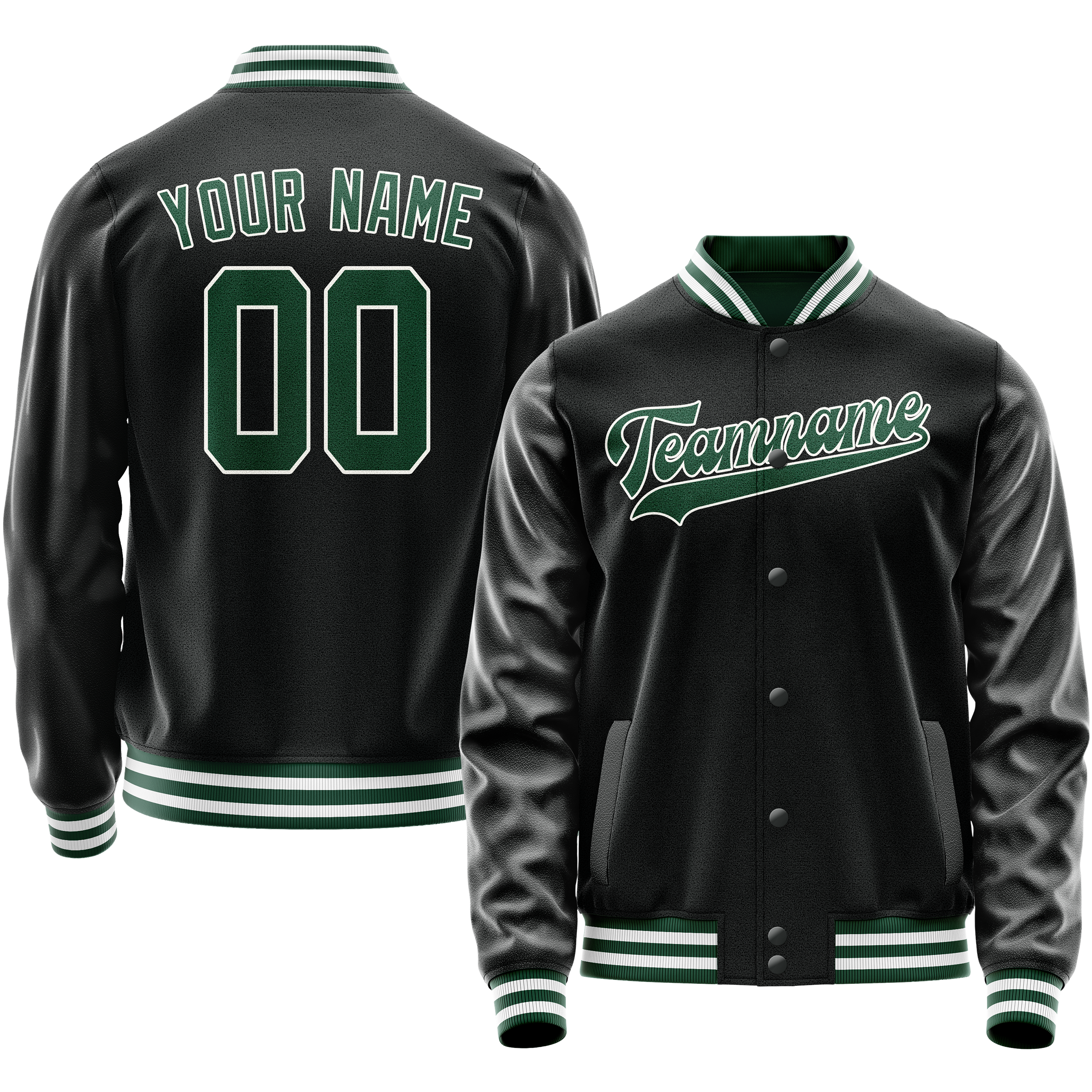 Personalized Black & Green Solid Color Varsity Letterman Jacket