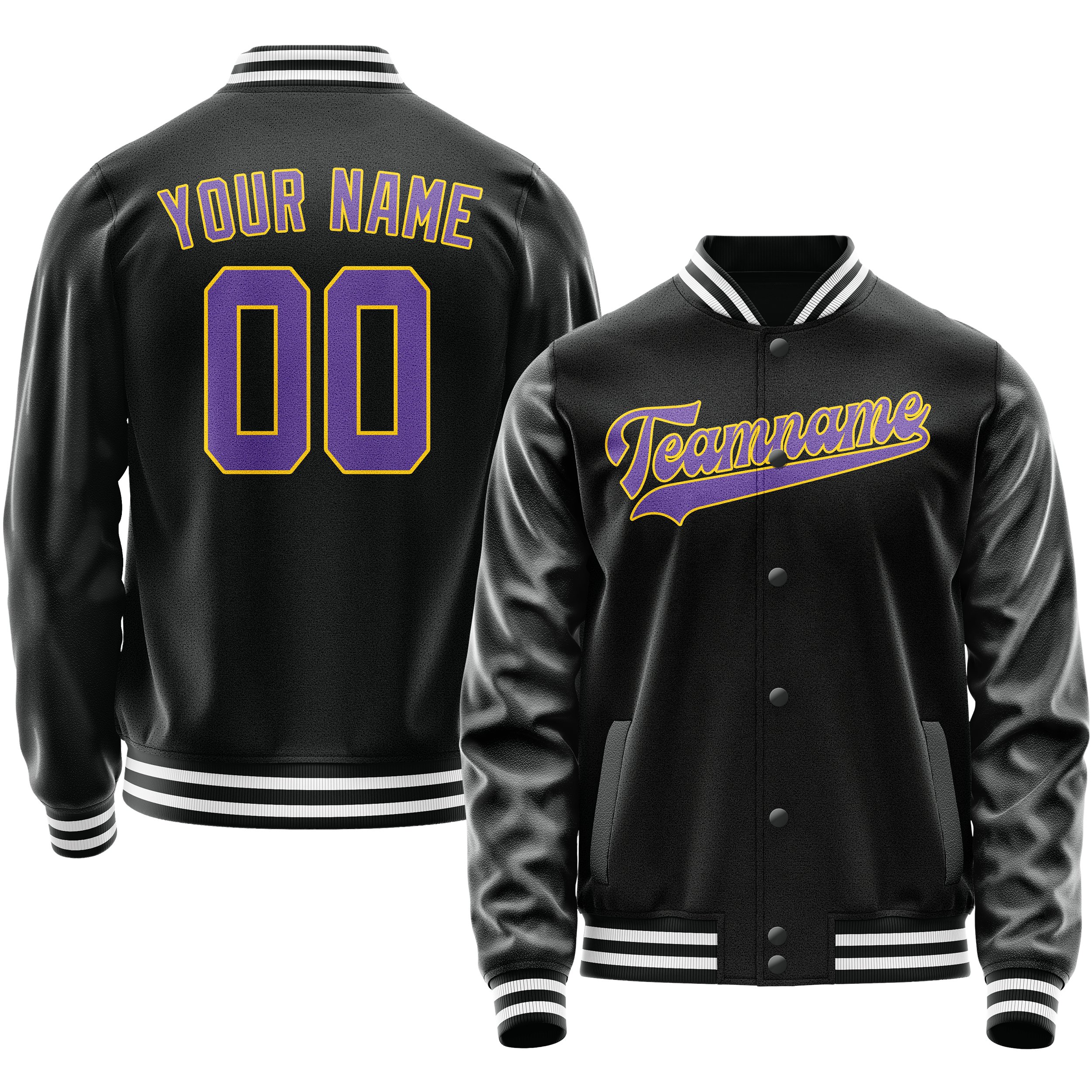 Personalized Black & Purple Solid Color Varsity Letterman Jacket