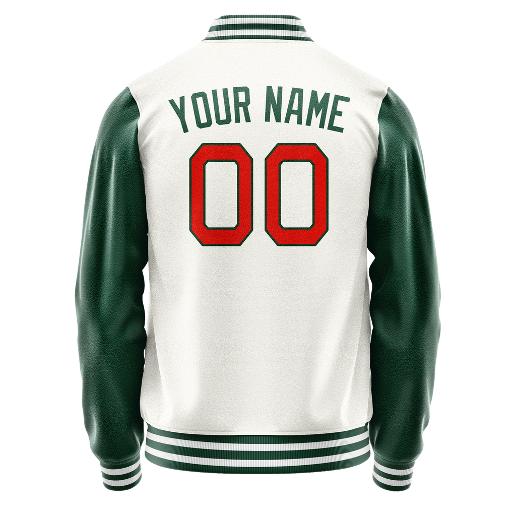 Personalized White & Green Solid Color Varsity Letterman Jacket