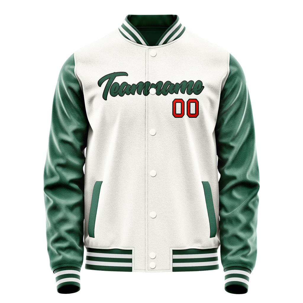 Personalized White & Green Solid Color Varsity Letterman Jacket