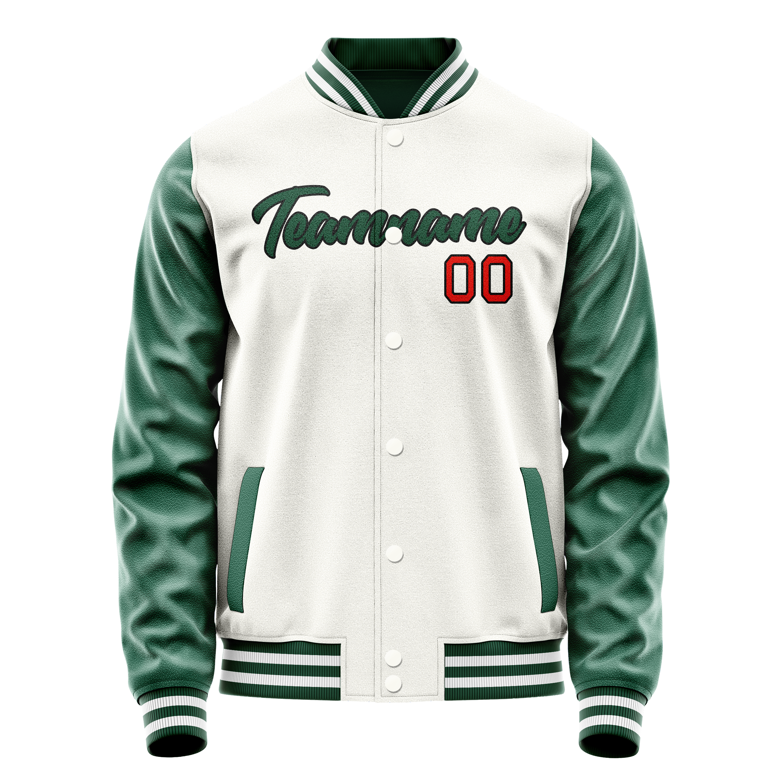 Personalized White & Green Solid Color Varsity Letterman Jacket
