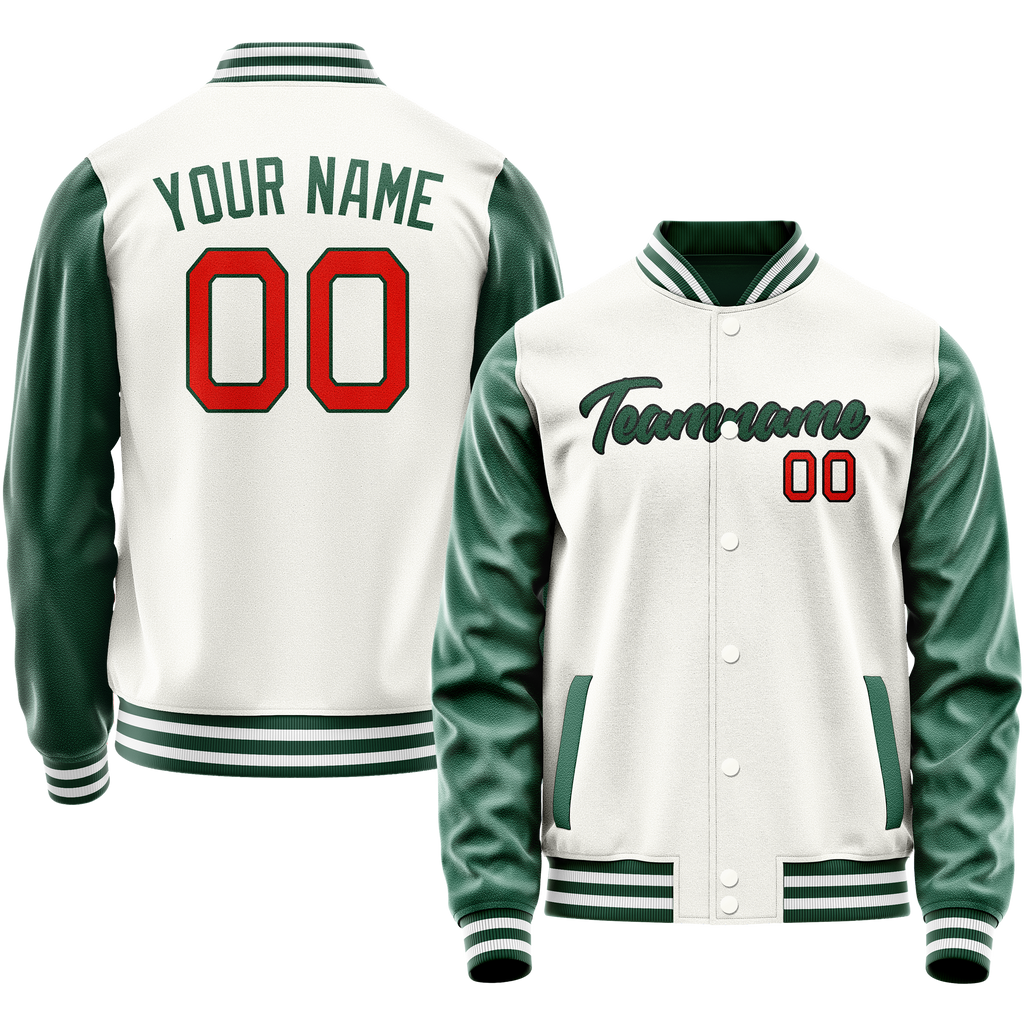 Personalized White & Green Solid Color Varsity Letterman Jacket