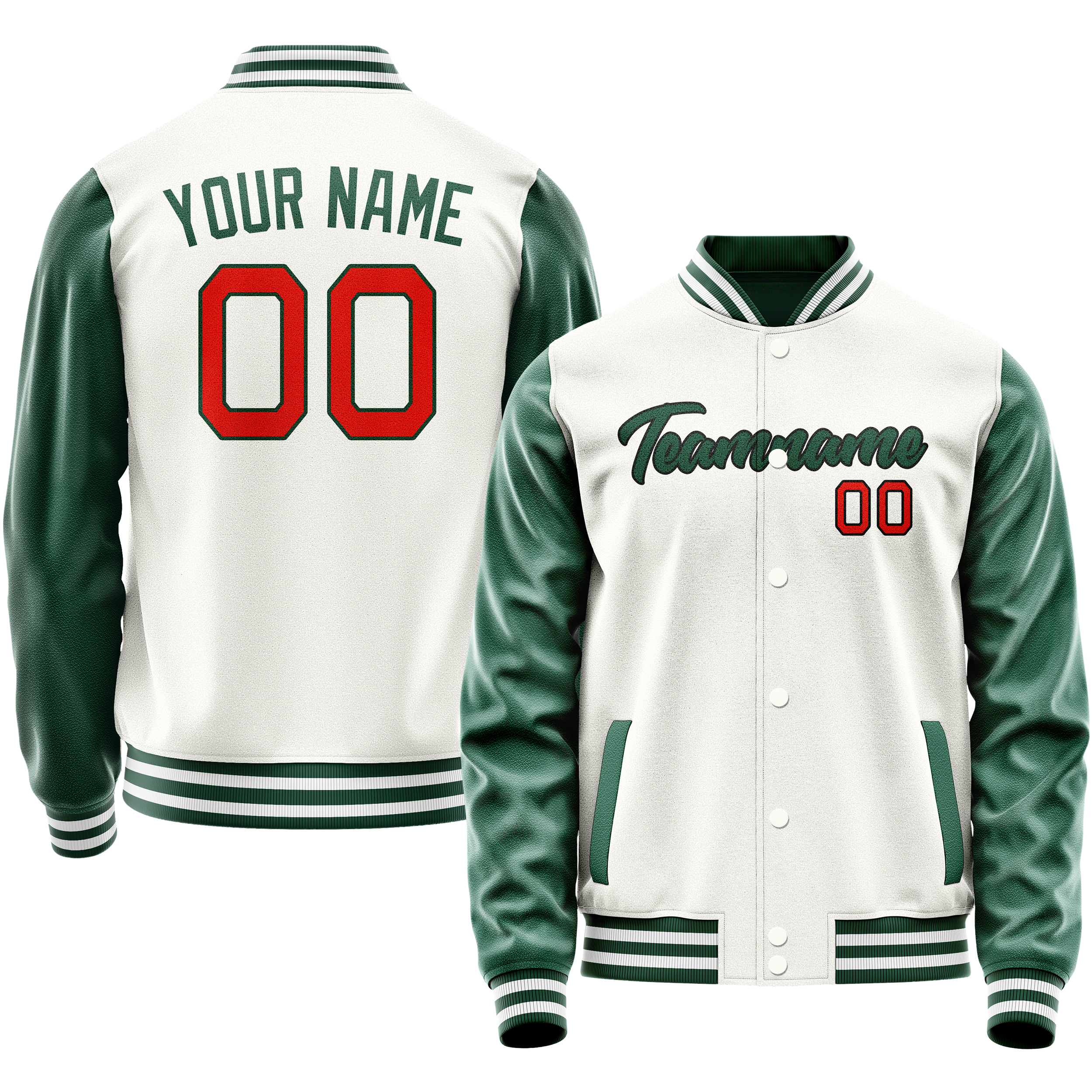 Personalized White & Green Solid Color Varsity Letterman Jacket
