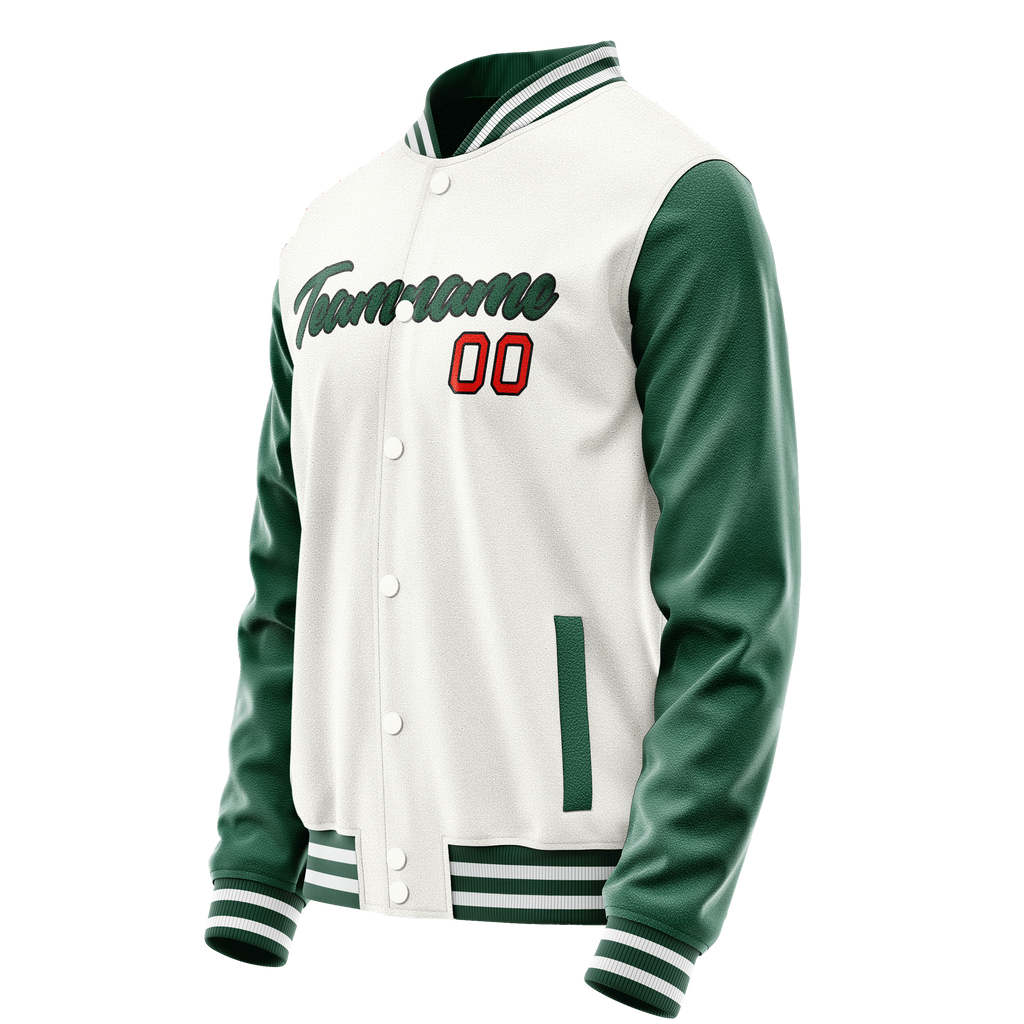 Personalized White & Green Solid Color Varsity Letterman Jacket