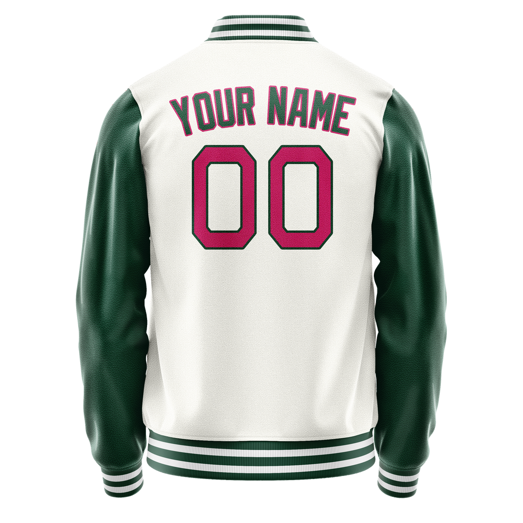 Personalized White & Green Solid Color Varsity Letterman Jacket