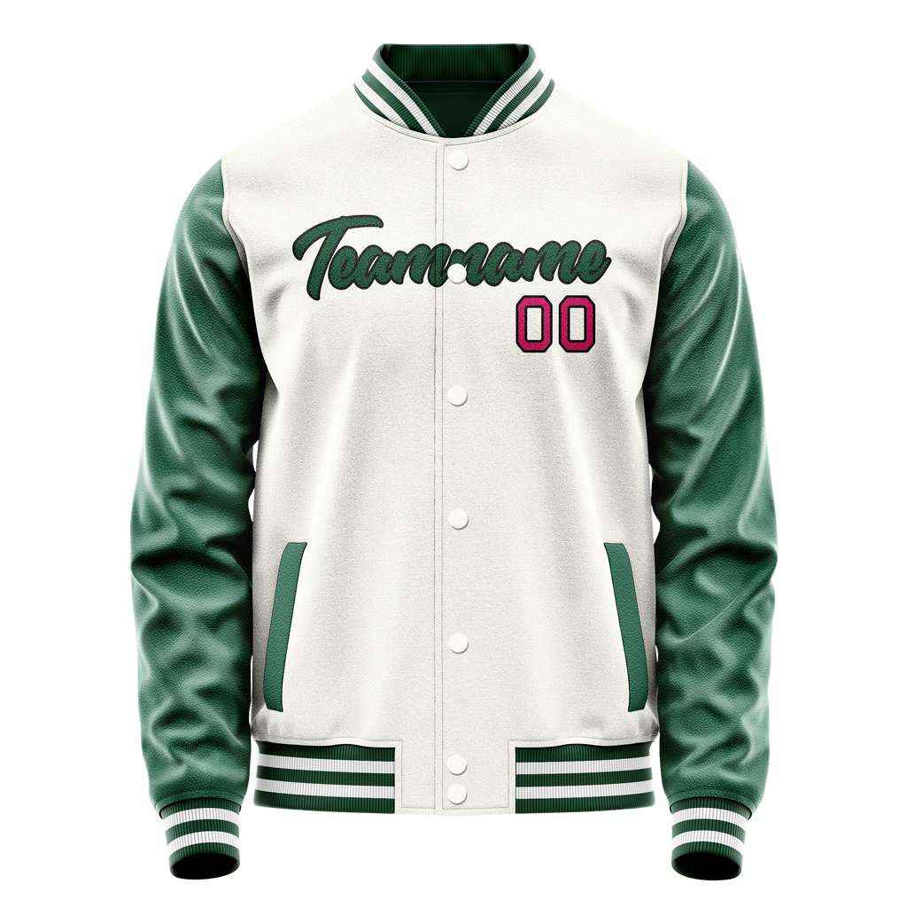 Personalized White & Green Solid Color Varsity Letterman Jacket