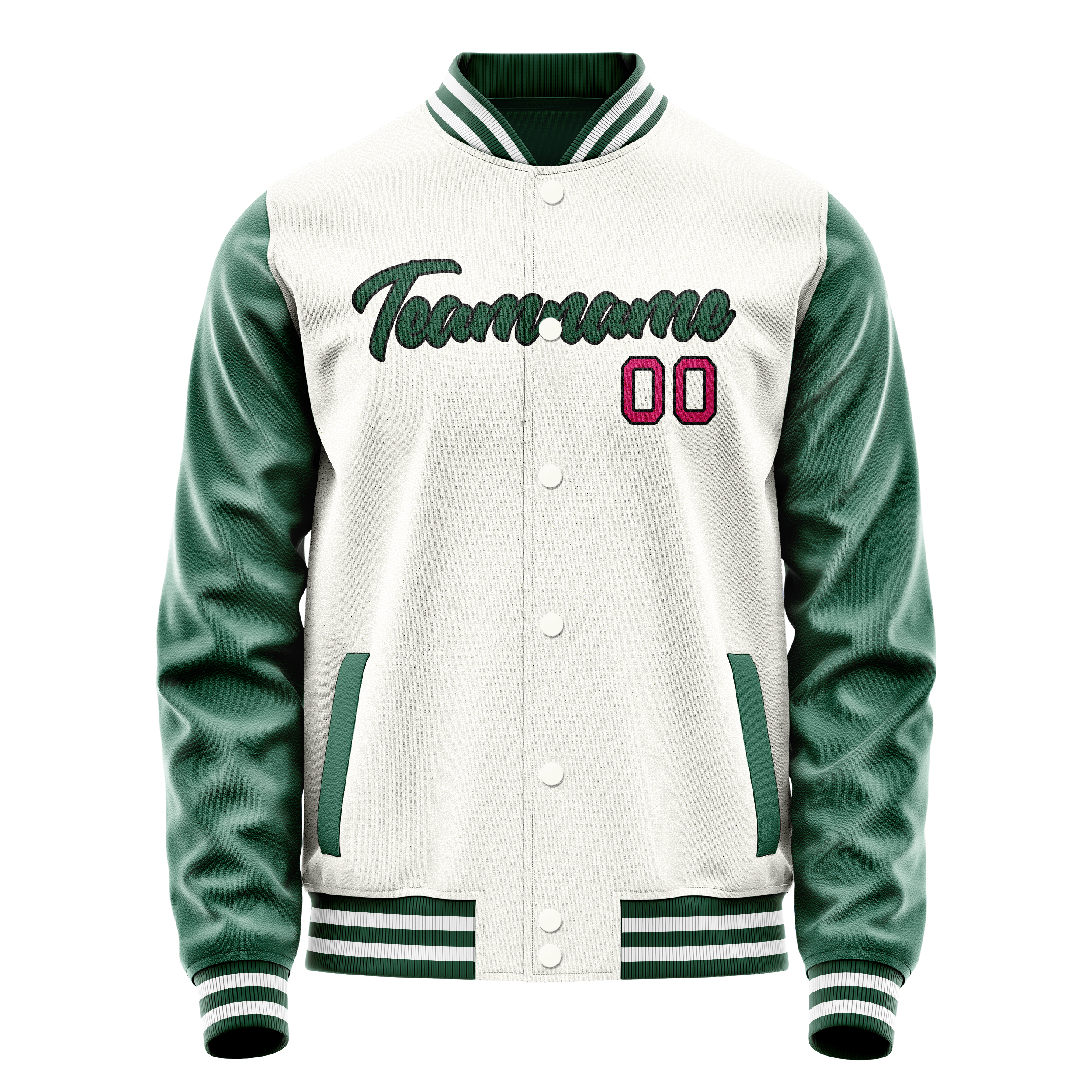 Personalized White & Green Solid Color Varsity Letterman Jacket