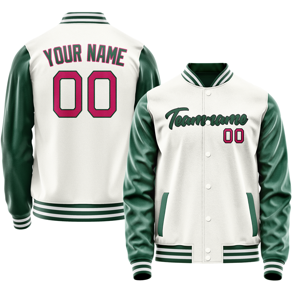 Personalized White & Green Solid Color Varsity Letterman Jacket
