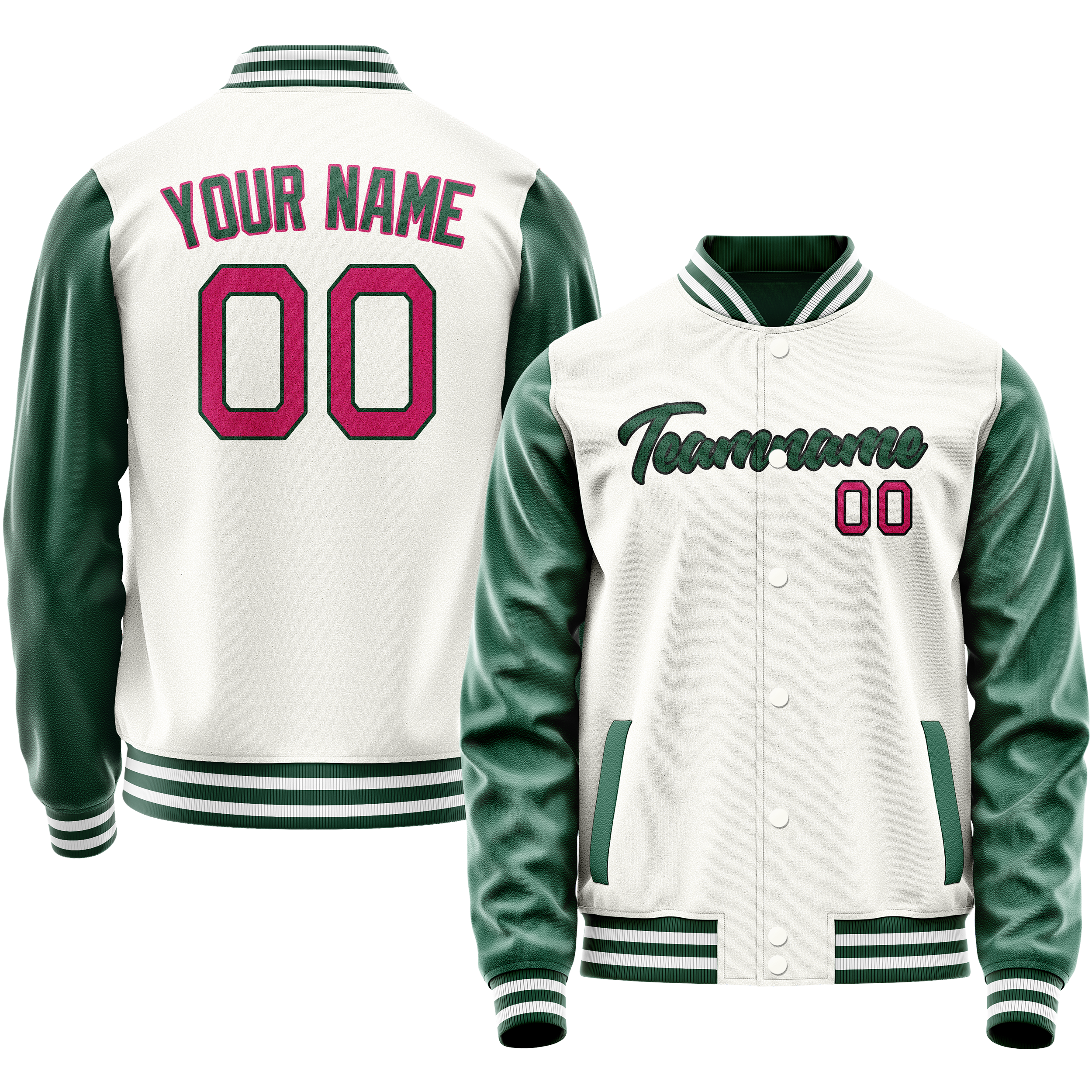 Personalized White & Green Solid Color Varsity Letterman Jacket
