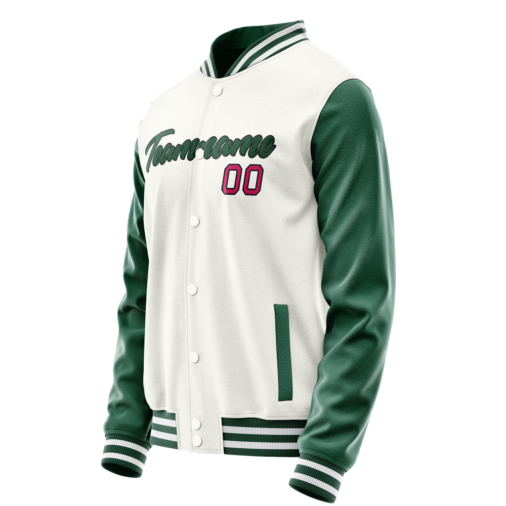 Personalized White & Green Solid Color Varsity Letterman Jacket