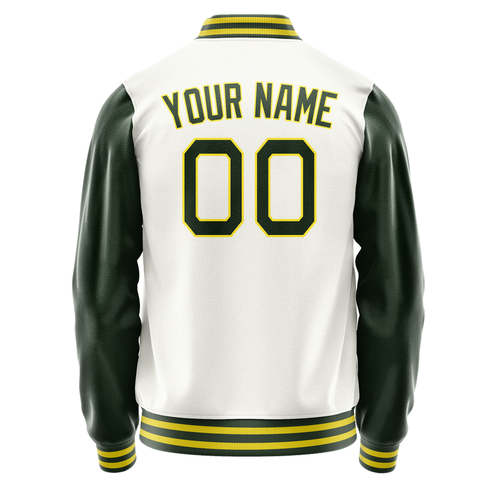 Personalized White & Green Solid Color Varsity Letterman Jacket