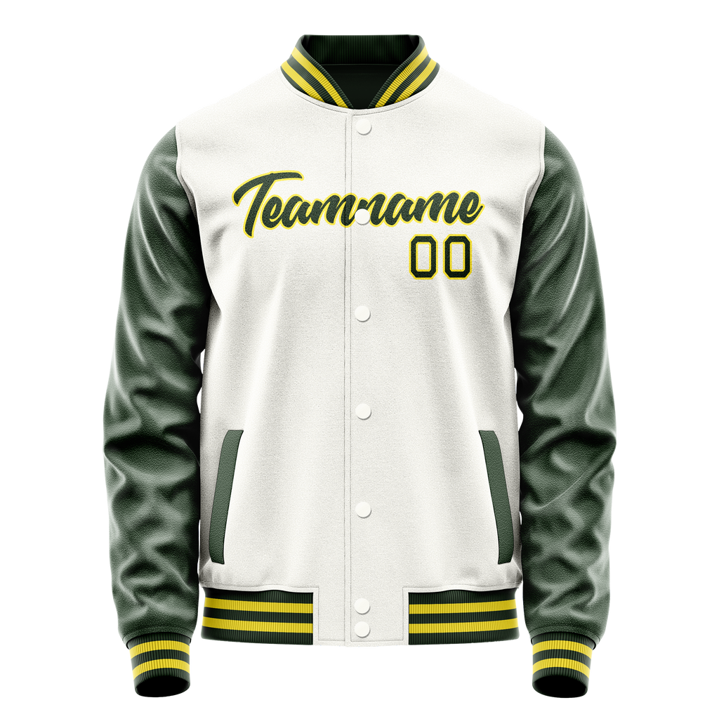 Personalized White & Green Solid Color Varsity Letterman Jacket