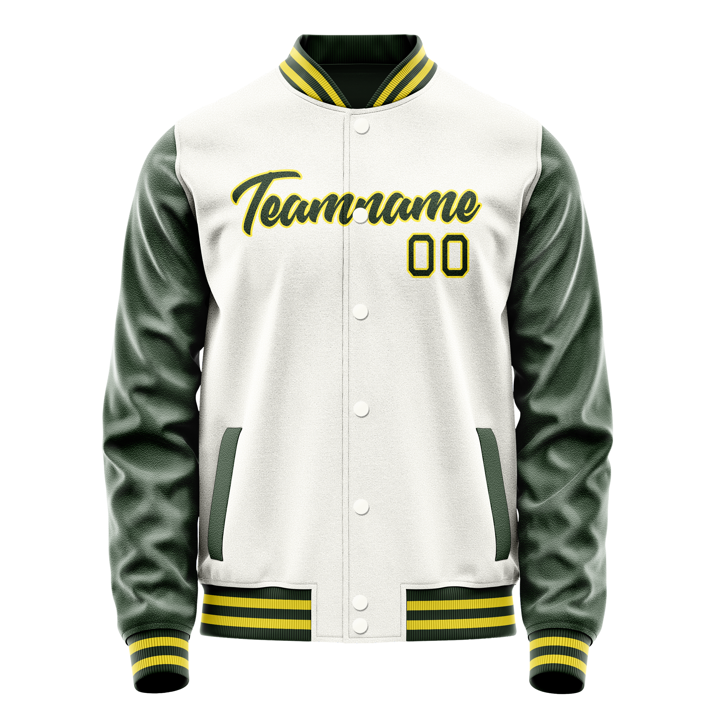 Personalized White & Green Solid Color Varsity Letterman Jacket
