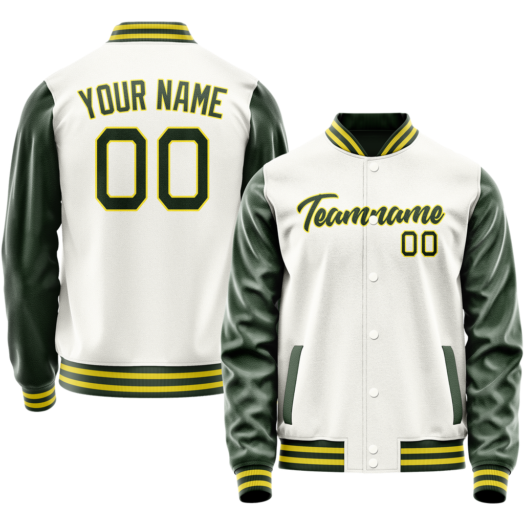 Personalized White & Green Solid Color Varsity Letterman Jacket