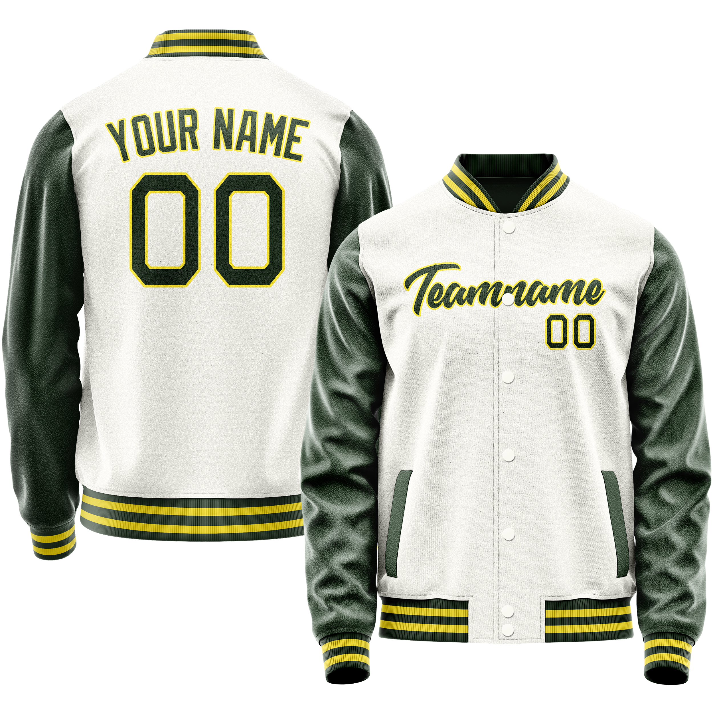 Personalized White & Green Solid Color Varsity Letterman Jacket