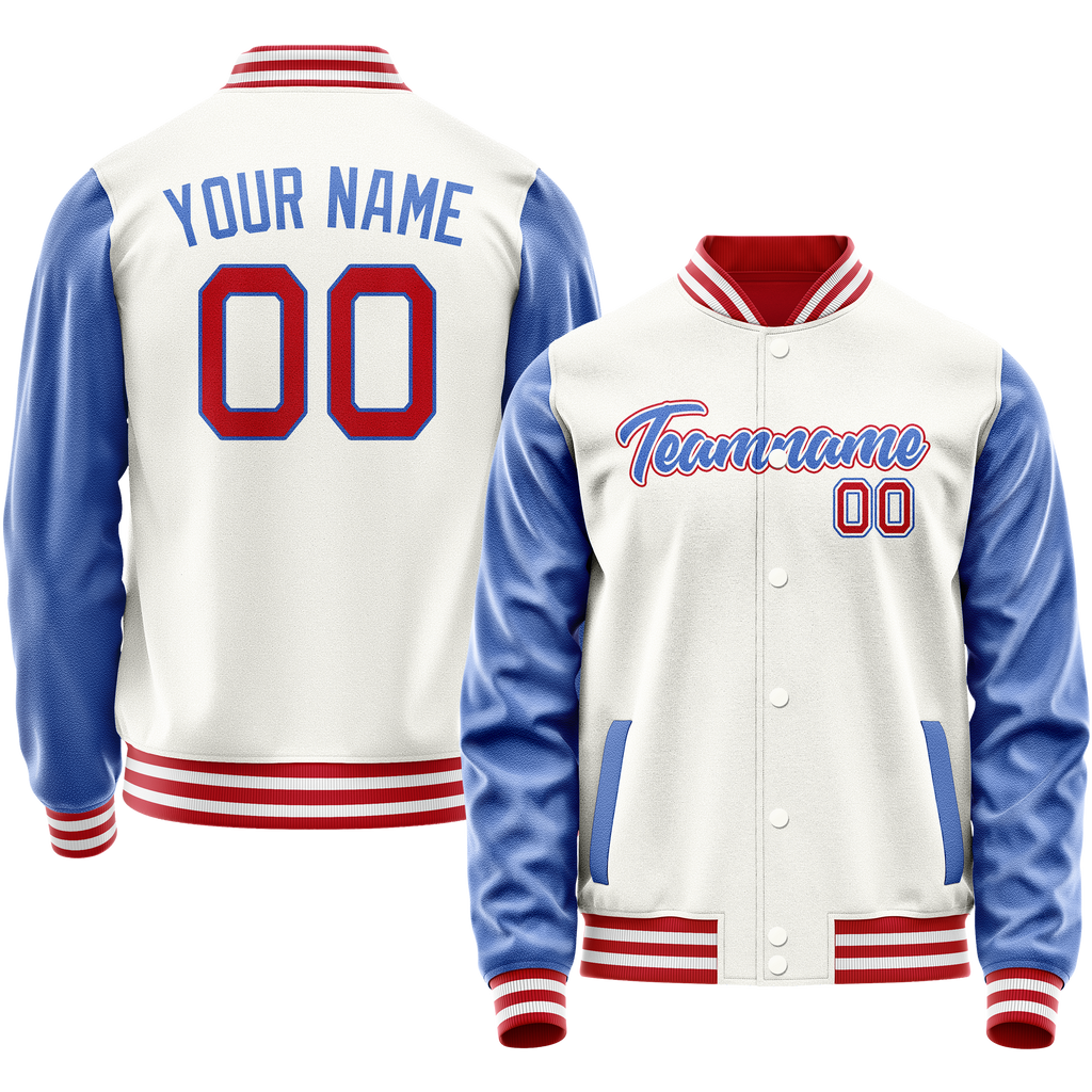 Personalized White & Blue Solid Color Varsity Letterman Jacket