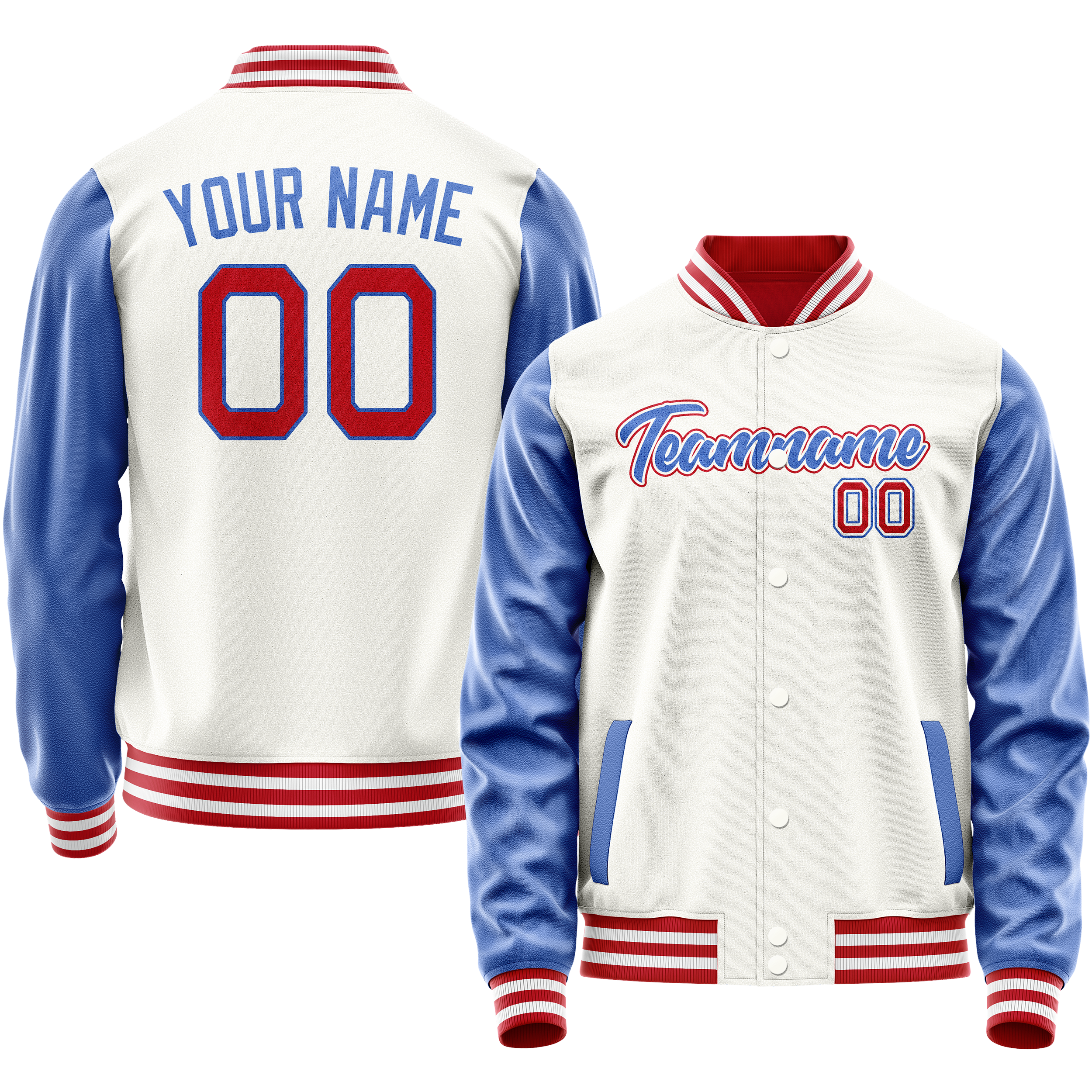 Personalized White & Blue Solid Color Varsity Letterman Jacket