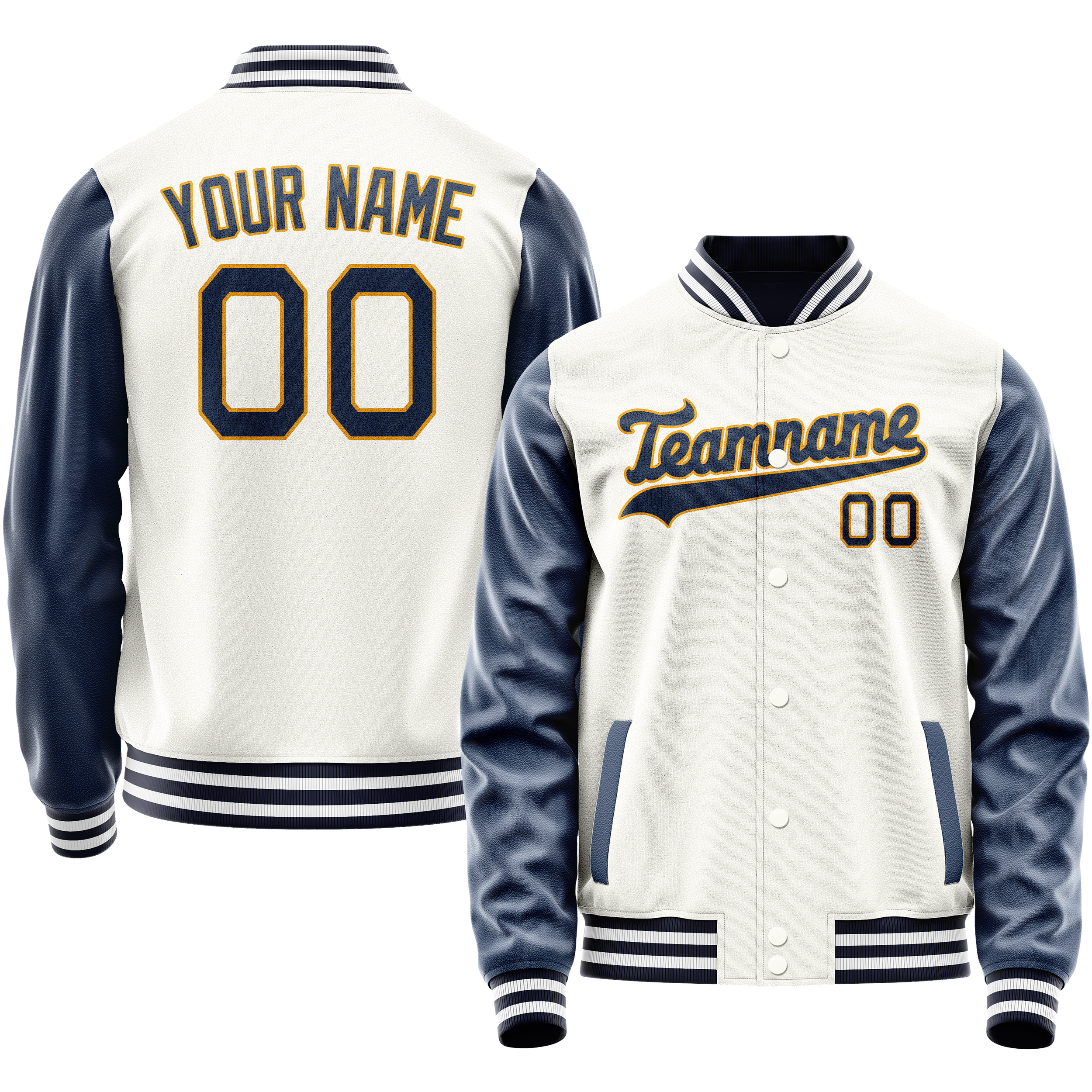 Personalized White & Blue Solid Color Varsity Letterman Jacket