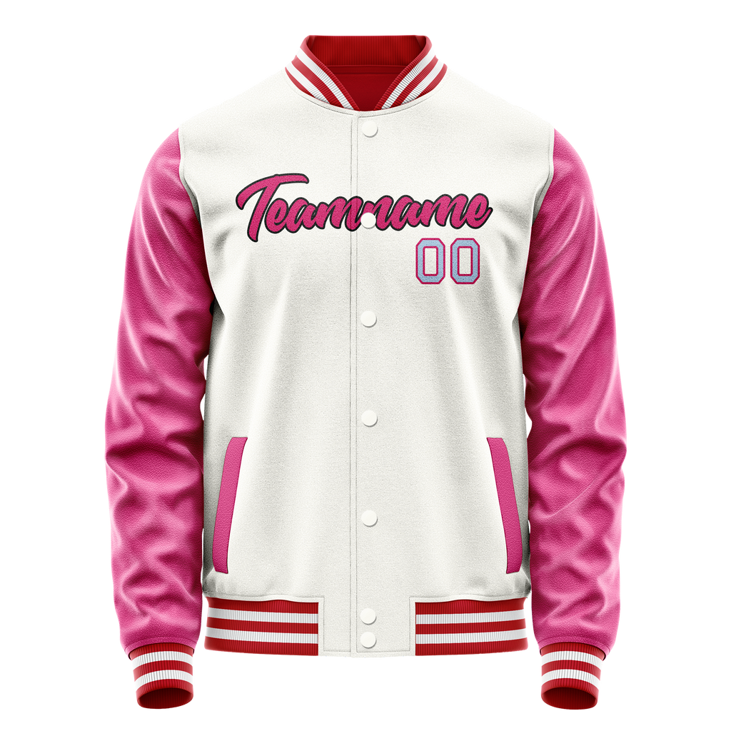 Personalized White & Pink Solid Color Varsity Letterman Jacket