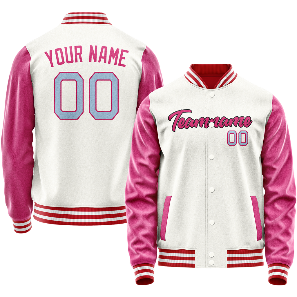 Personalized White & Pink Solid Color Varsity Letterman Jacket
