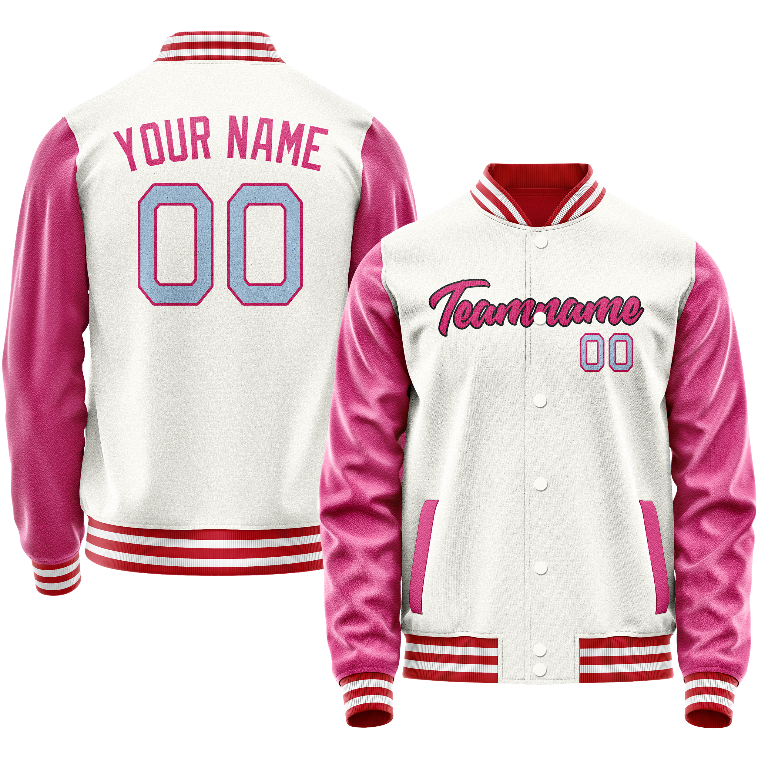 Personalized White & Pink Solid Color Varsity Letterman Jacket