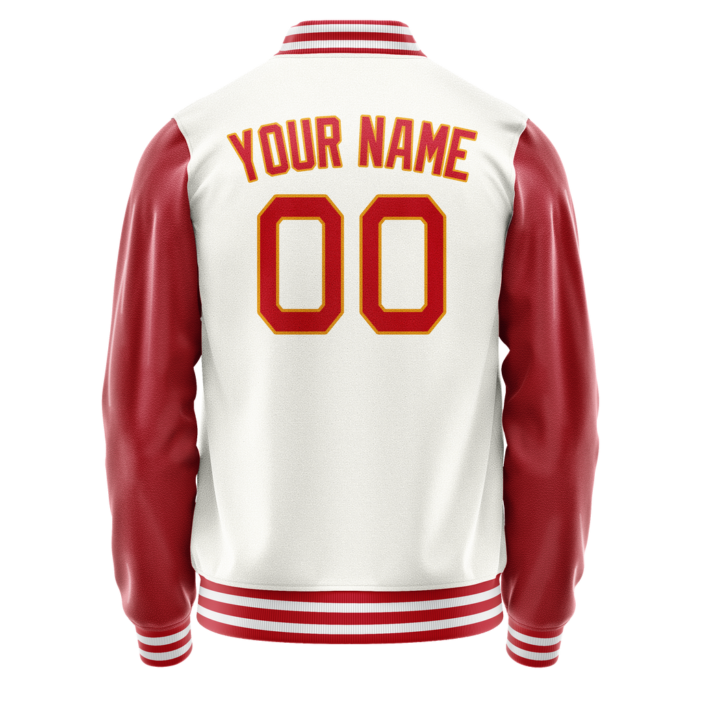Personalized White & Red Solid Color Varsity Letterman Jacket