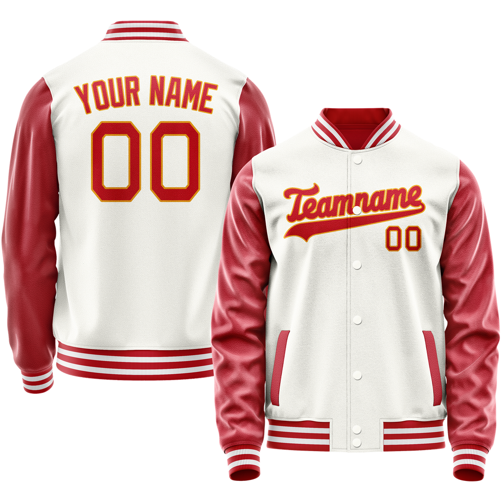 Personalized White & Red Solid Color Varsity Letterman Jacket