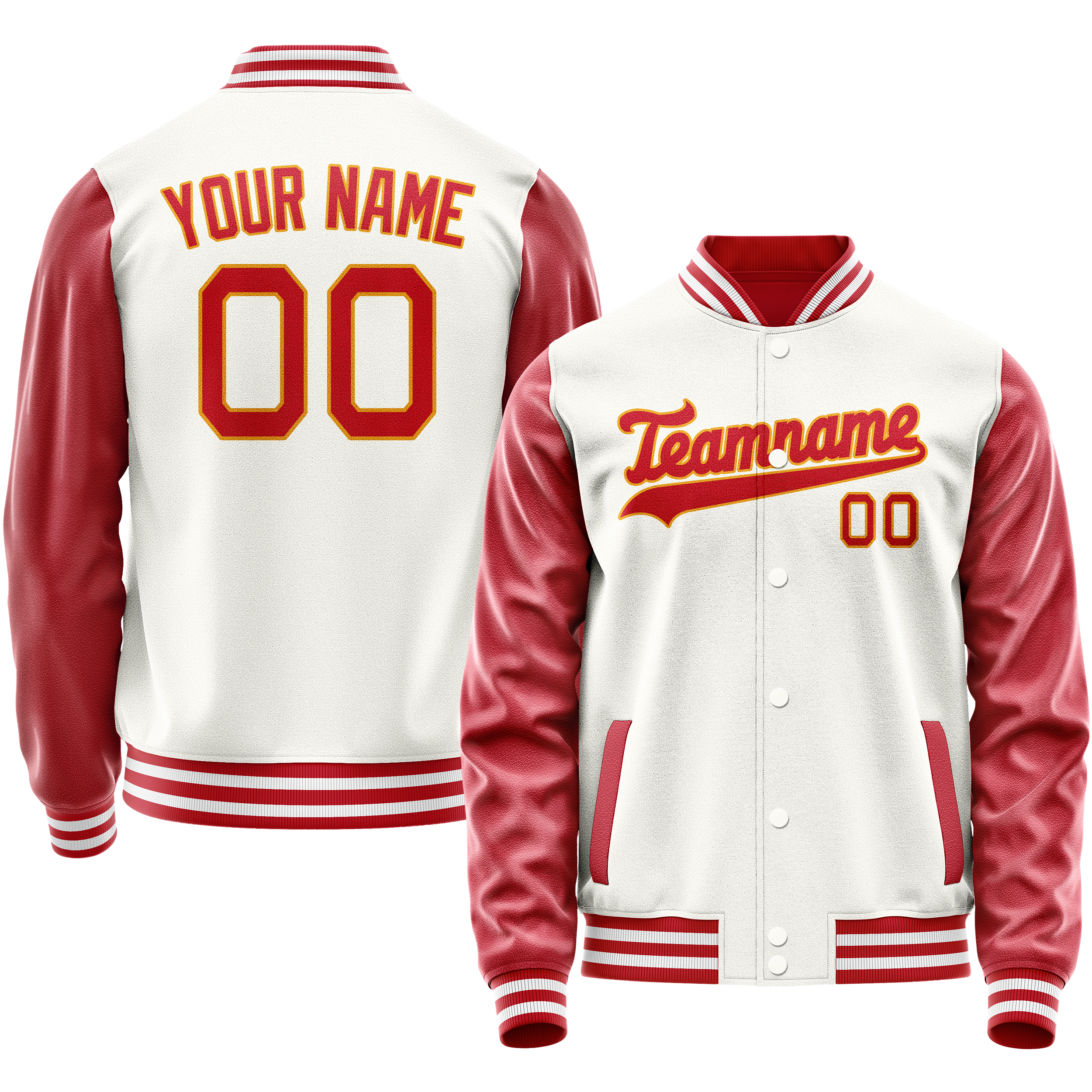Personalized White & Red Solid Color Varsity Letterman Jacket