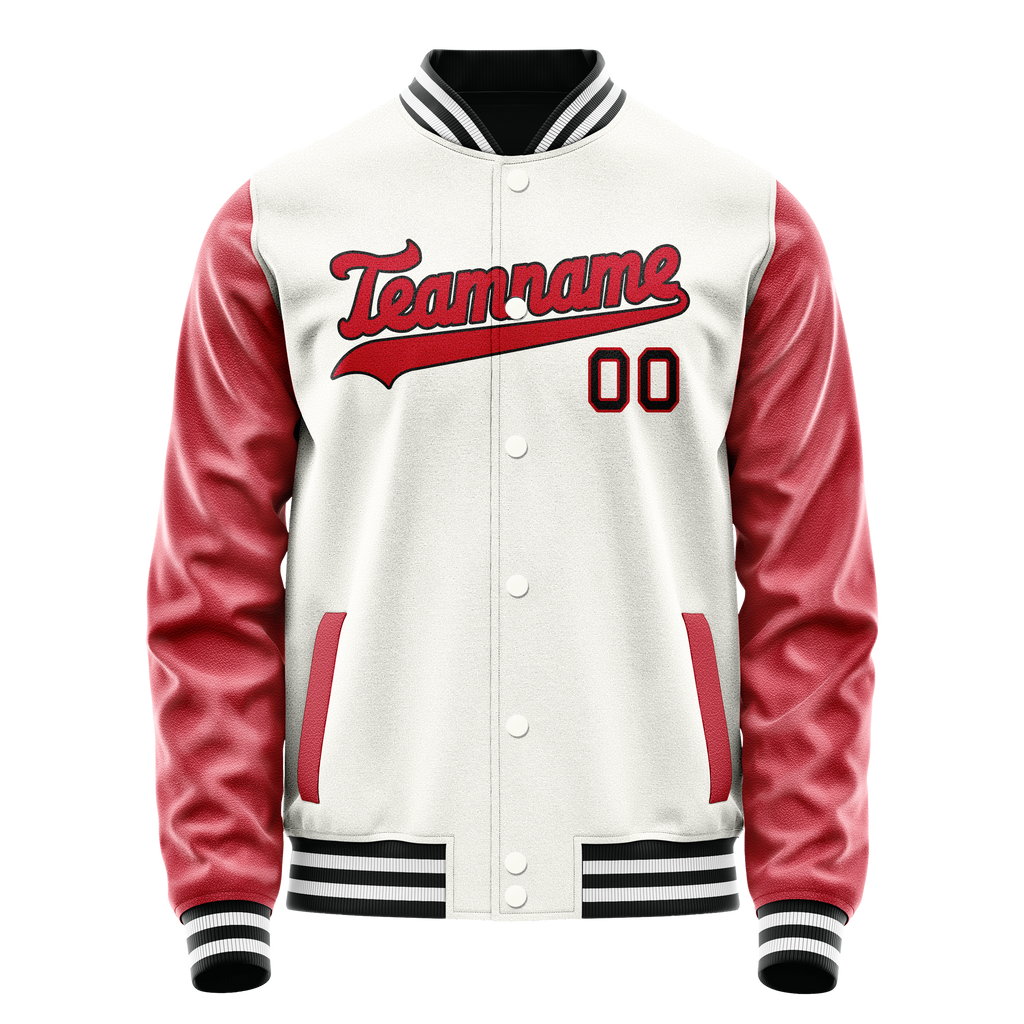 Personalized White & Red Solid Color Varsity Letterman Jacket