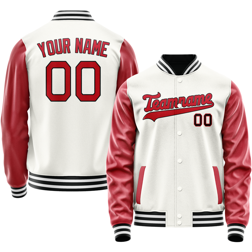 Personalized White & Red Solid Color Varsity Letterman Jacket