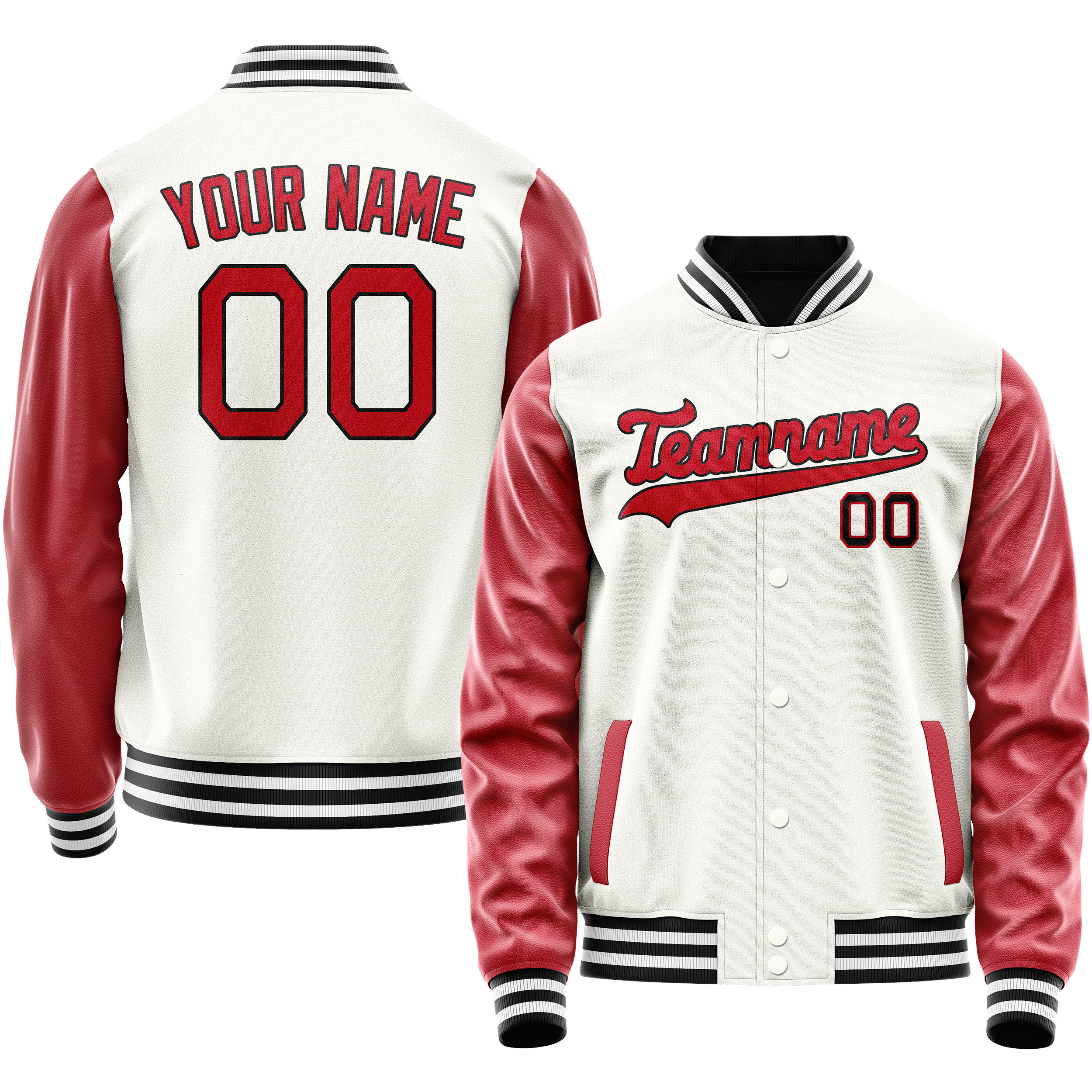Personalized White & Red Solid Color Varsity Letterman Jacket
