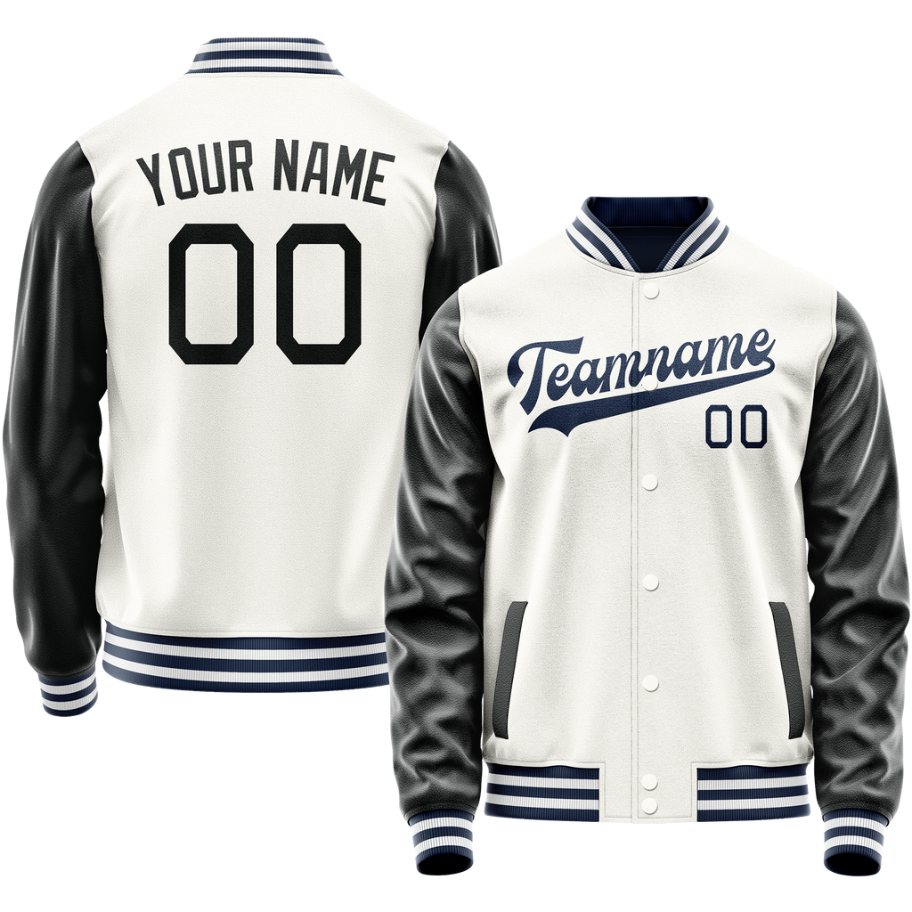 Personalized White & Black Solid Color Varsity Letterman Jacket