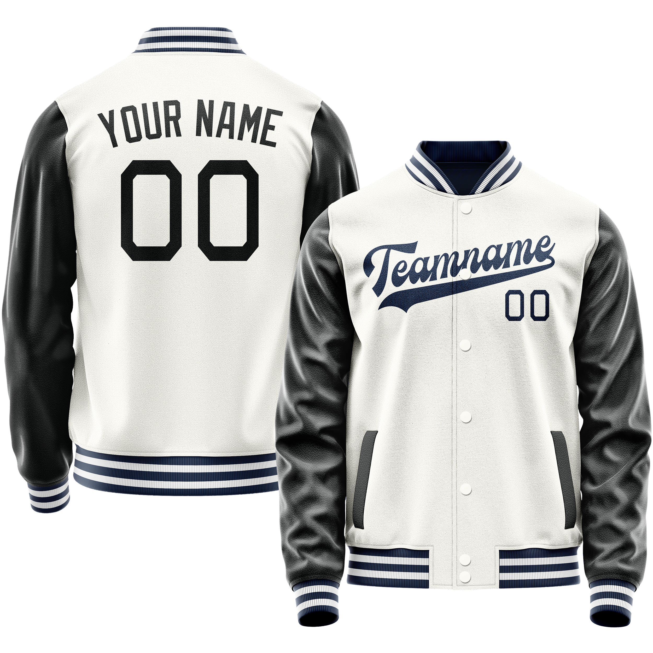 Personalized White & Black Solid Color Varsity Letterman Jacket