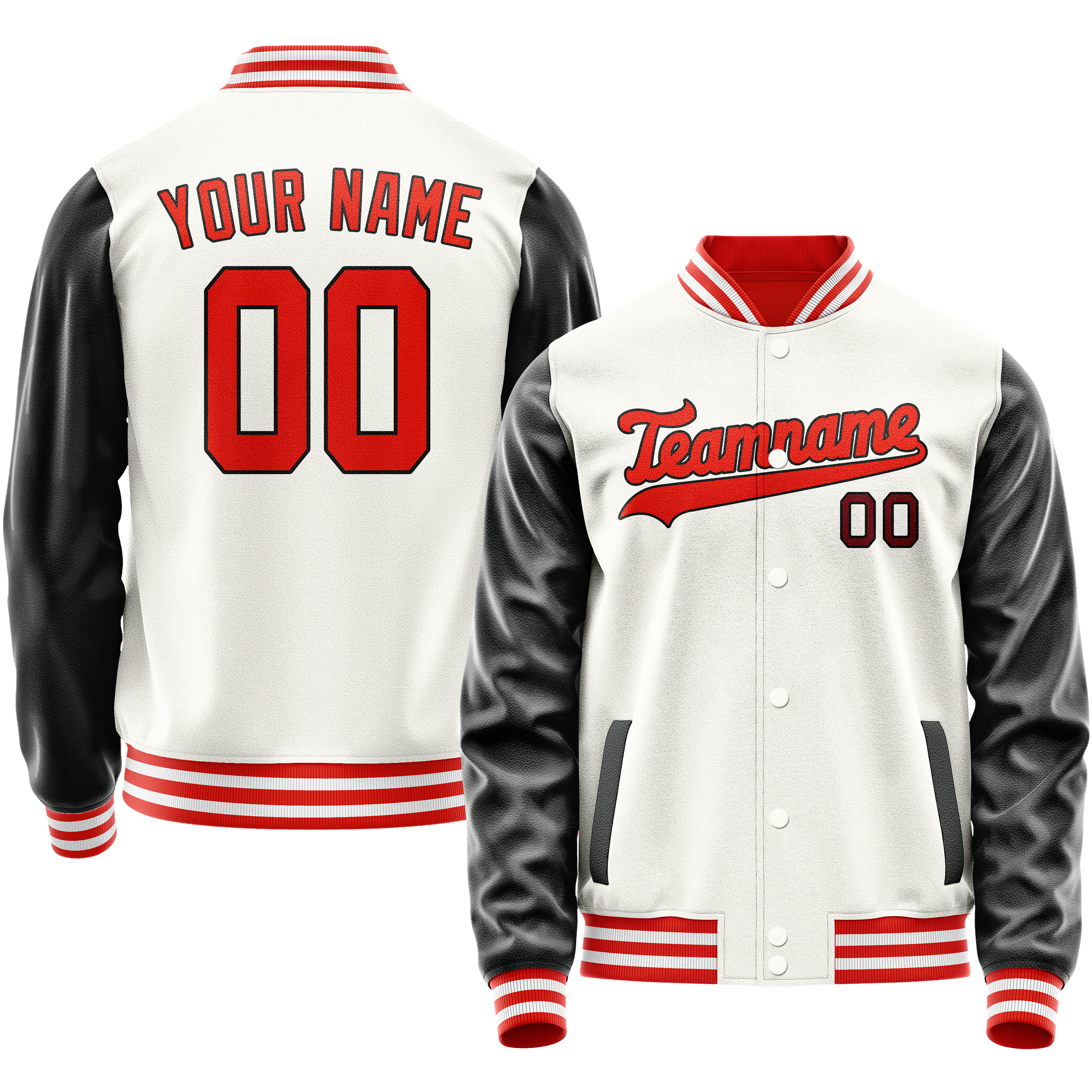 Personalized White & Black Solid Color Varsity Letterman Jacket