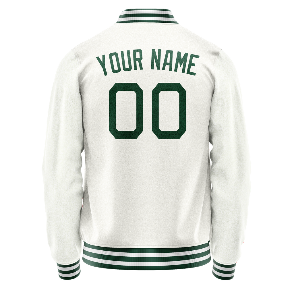 Personalized White & Green Solid Color Varsity Letterman Jacket