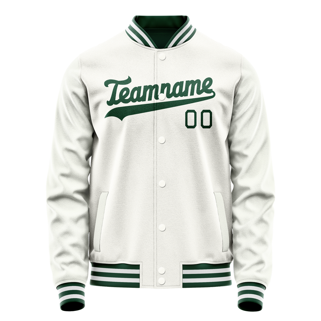 Personalized White & Green Solid Color Varsity Letterman Jacket