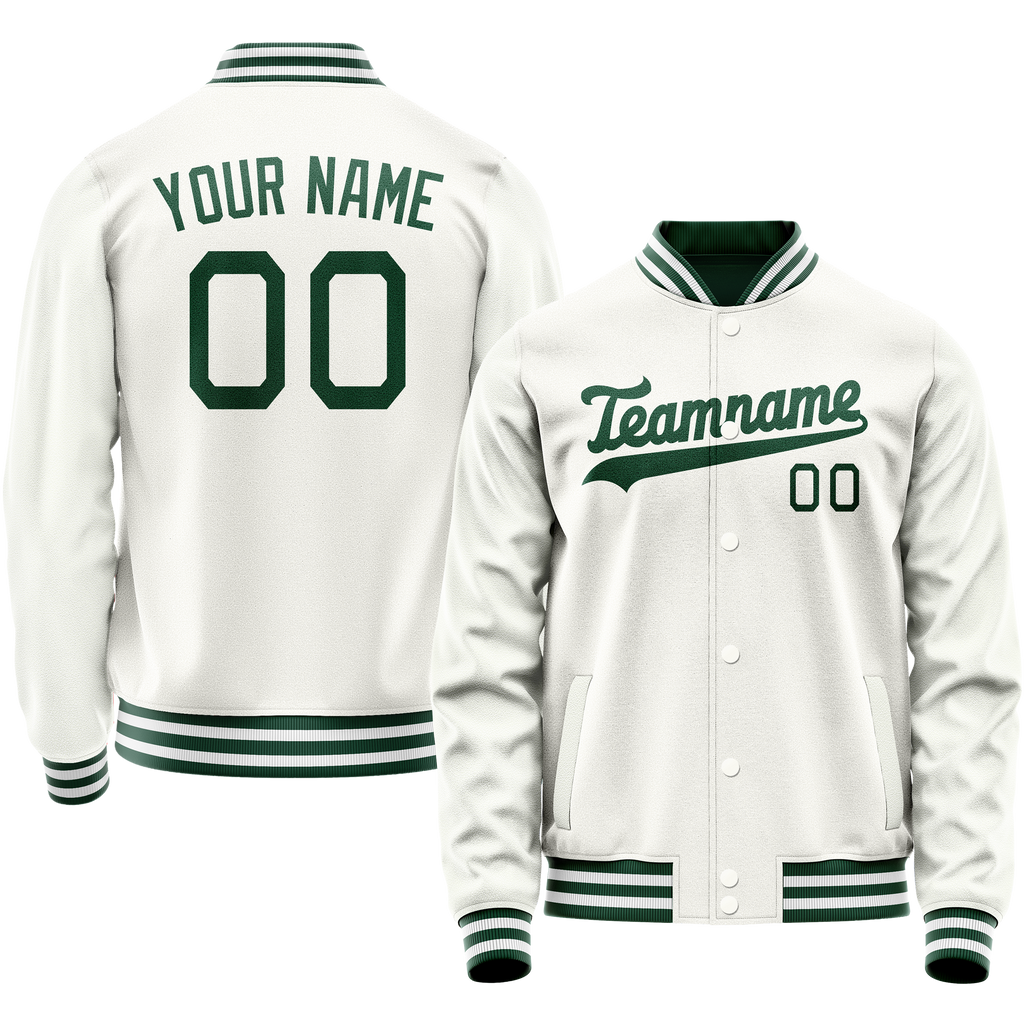 Personalized White & Green Solid Color Varsity Letterman Jacket